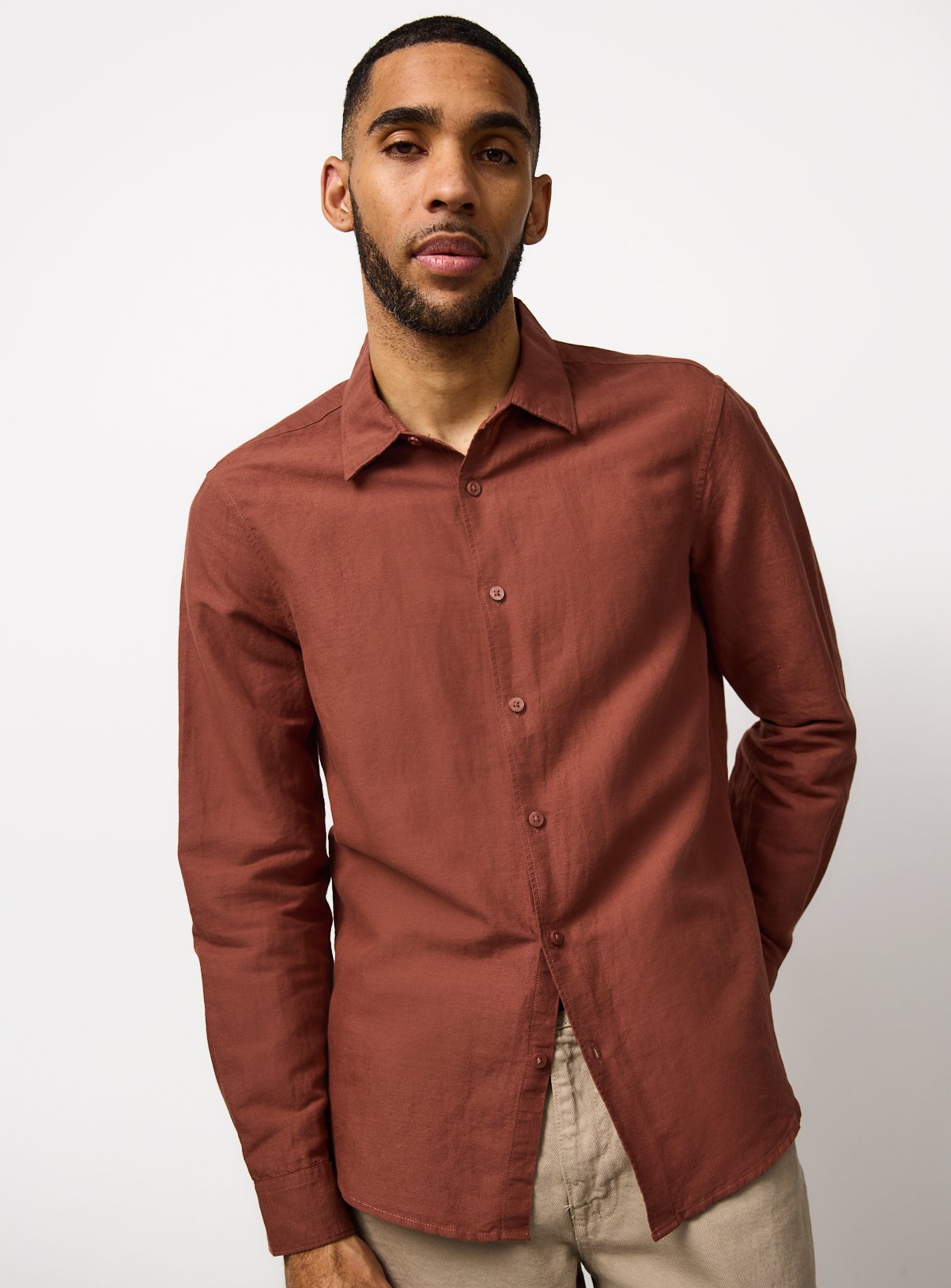 Linen Blend Long Sleeve Button Up Shirt 