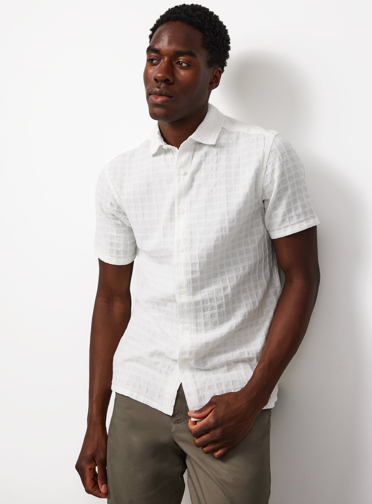 White Checked Textured Short Sleeve Shirt XXL