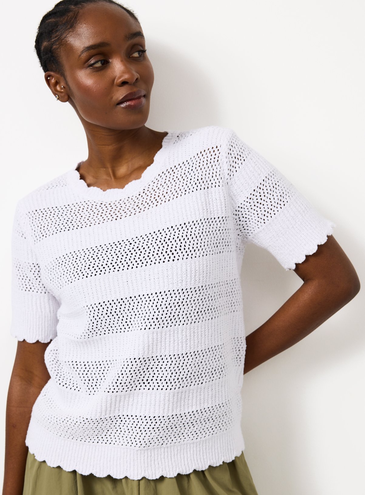 White Stripe Pointelle Scallop Trim T-Shirt 14