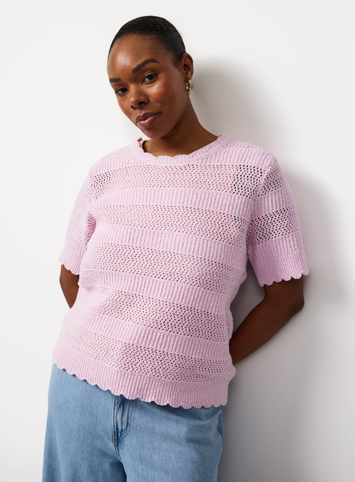 Stripe Pointelle Scallop Trim T-Shirt 