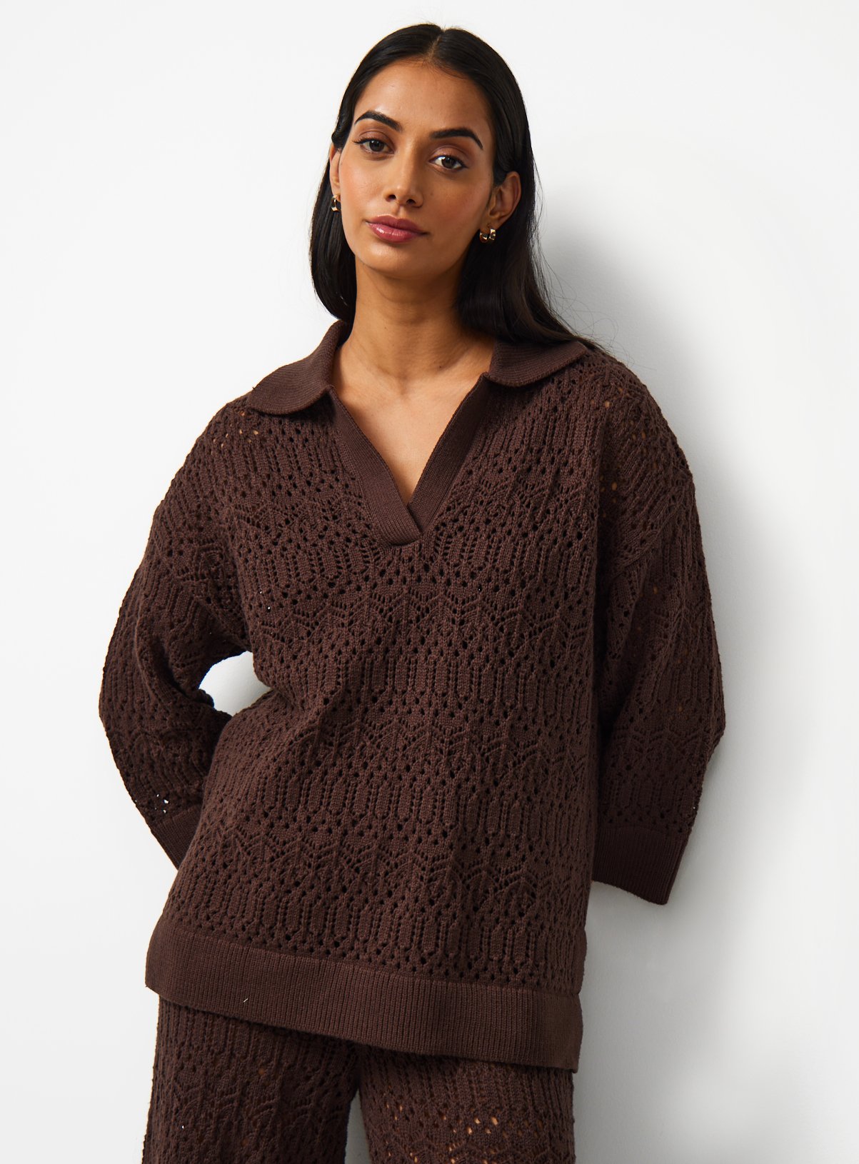 Brown Step Hem Collared Stitch Jumper 