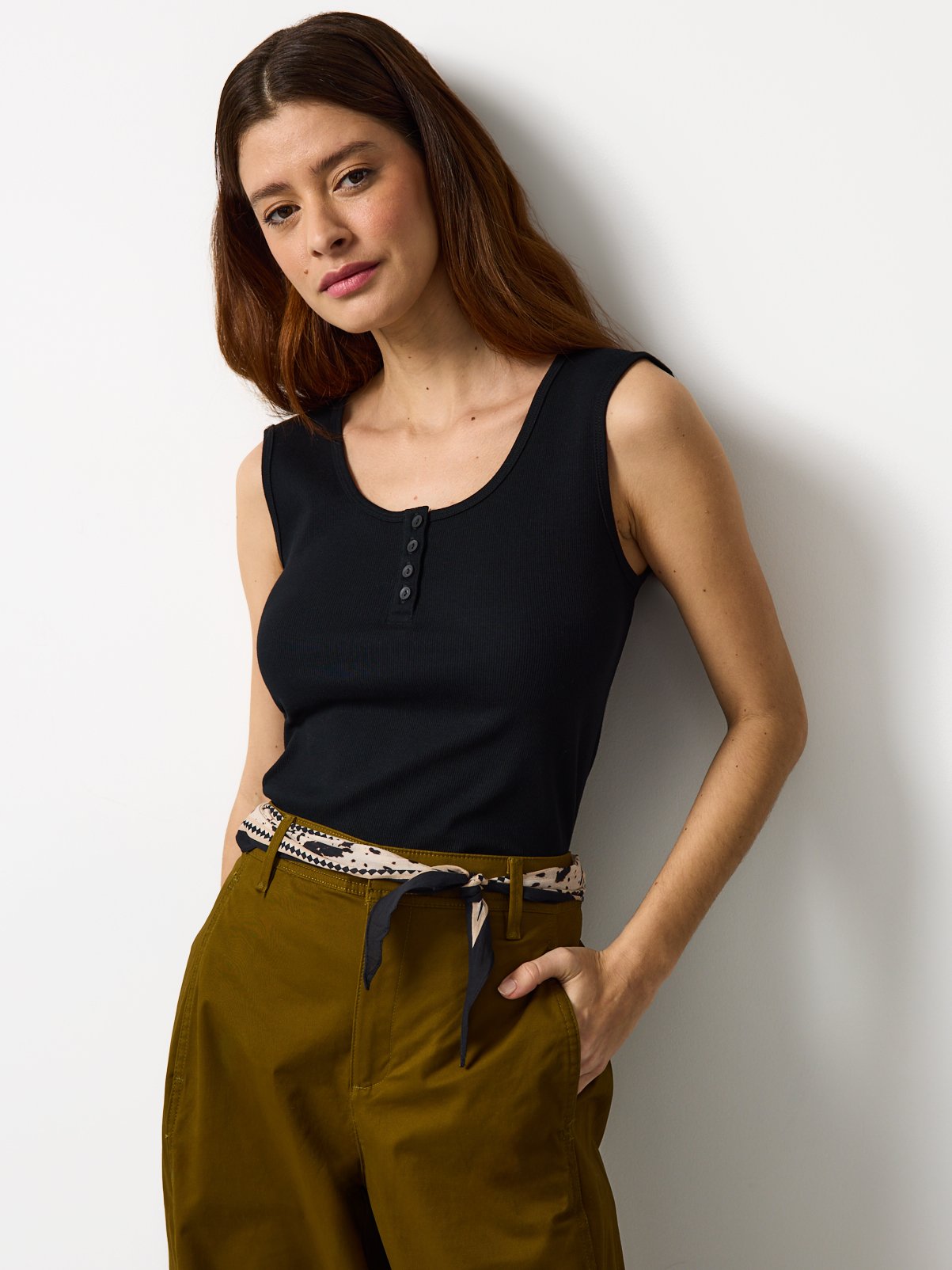 Black Ribbed Henley Neckline Vest 24