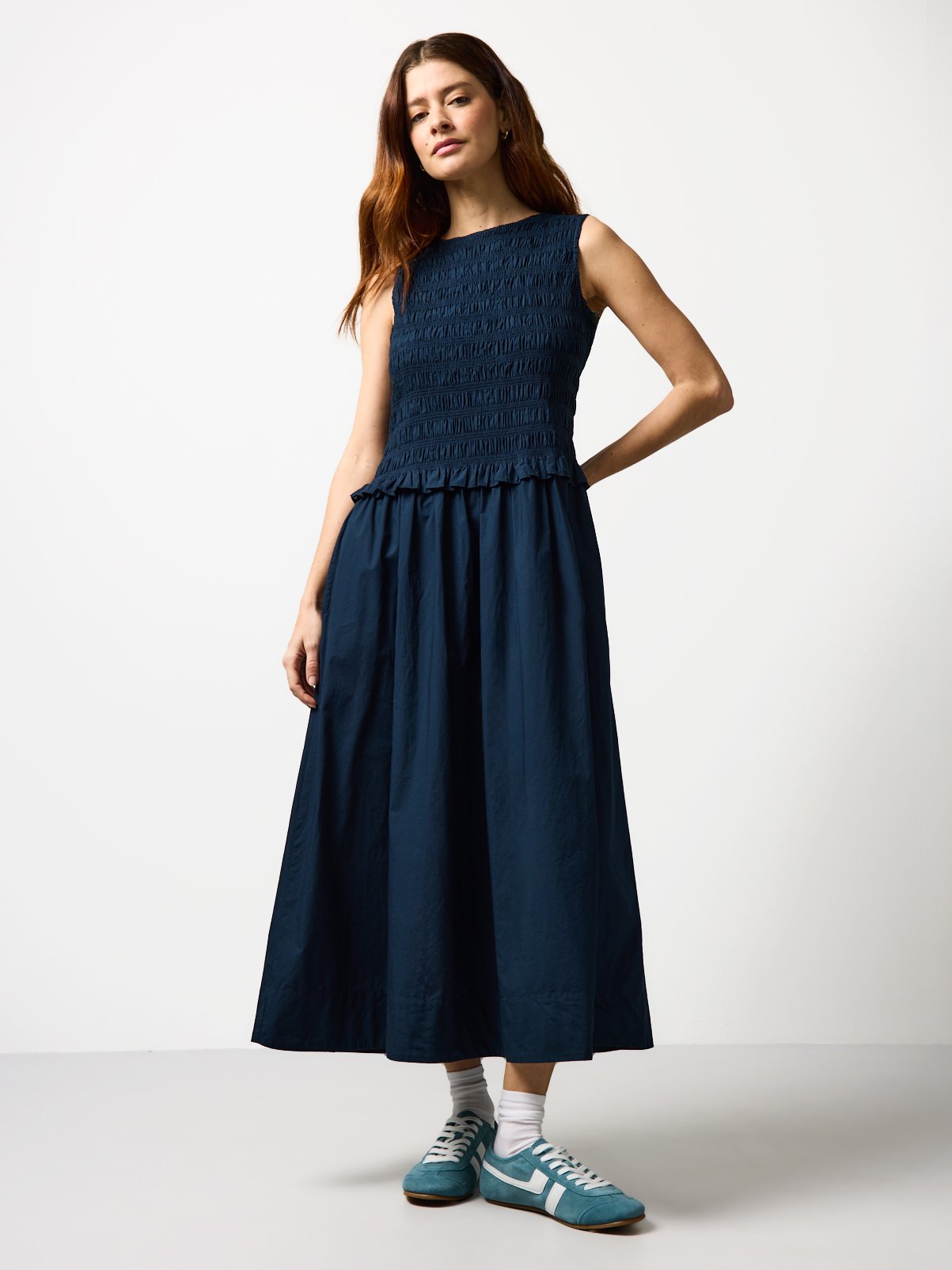 Navy Shirred Sleeveless Midaxi Dress 8