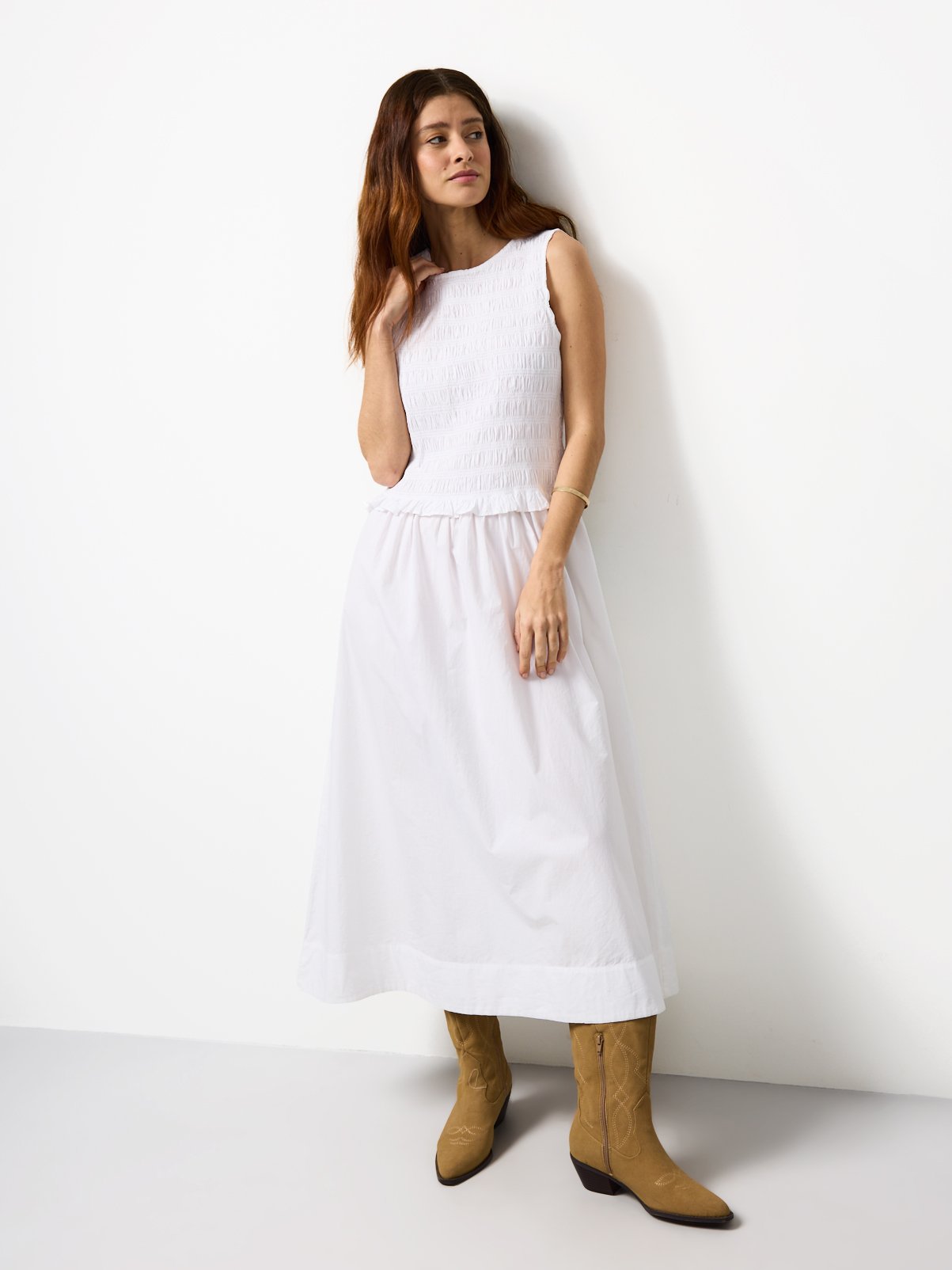 White Shirred Sleeveless Midaxi Dress 14