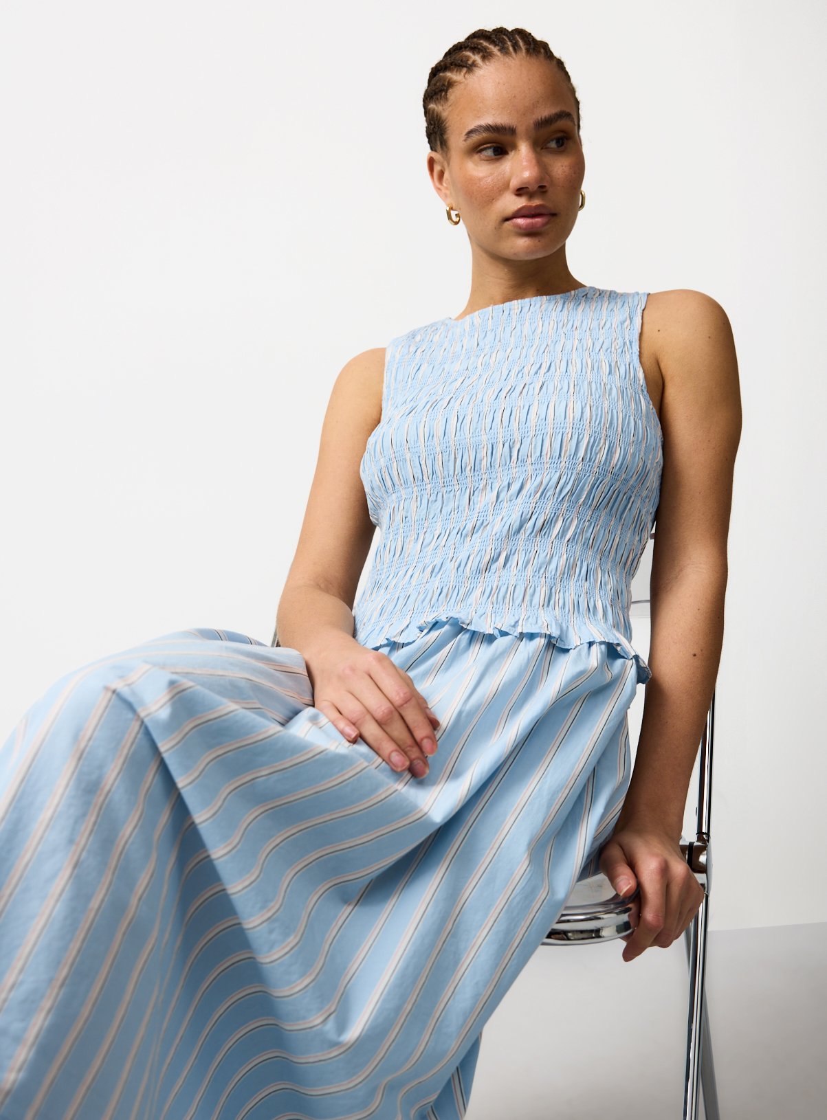 Blue Stripe Shirred Waisted Dress 