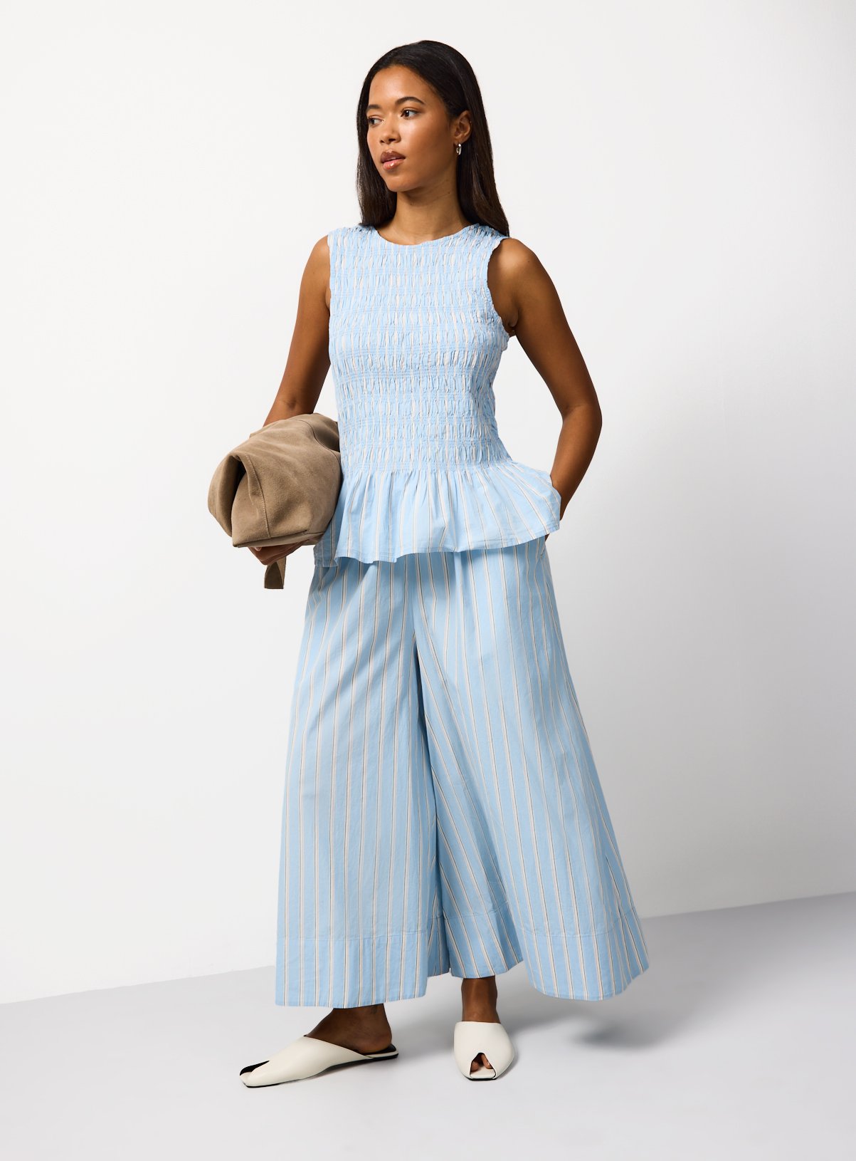 Blue Poplin Stripe Shirred Sleeveless Co-ord Top 
