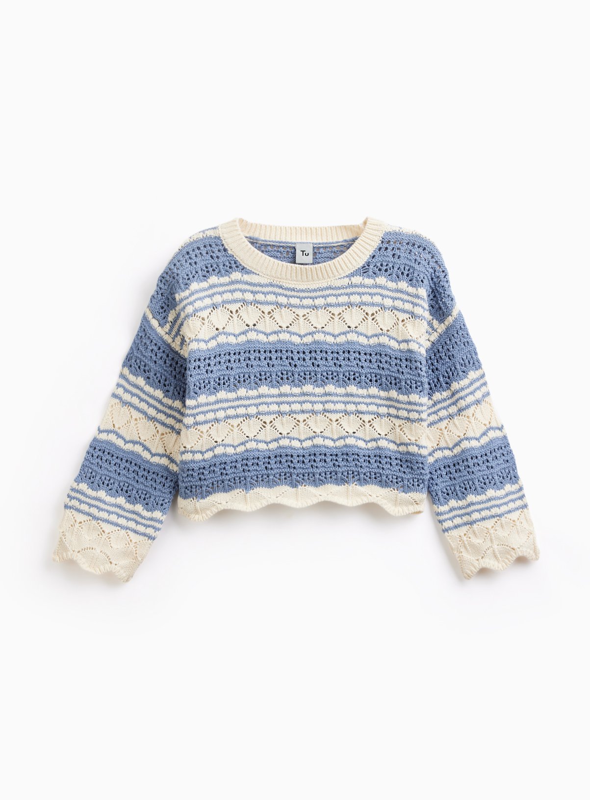 Blue & Cream Crochet Stripe Jumper 9 years