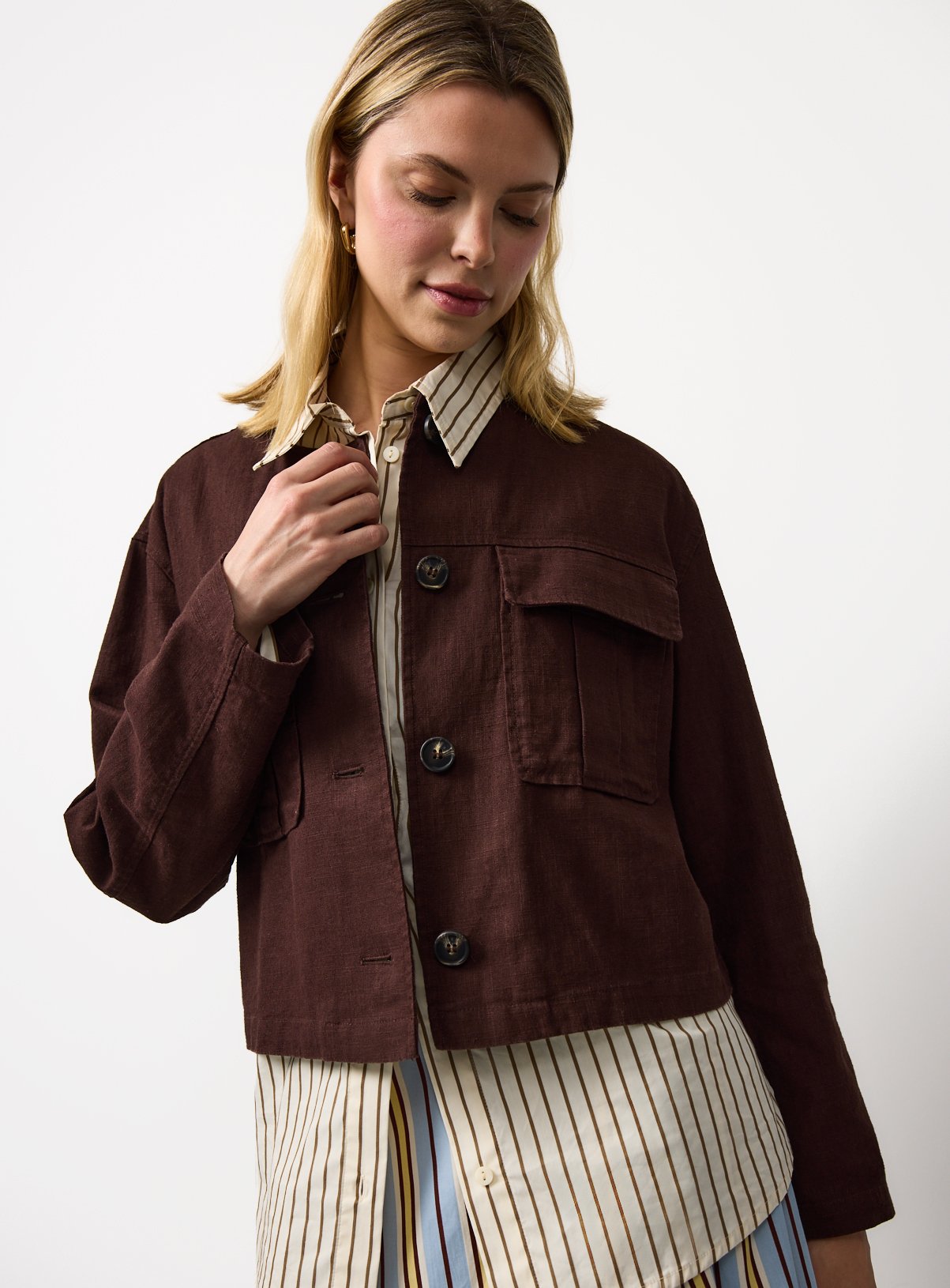 Brown Cropped Linen Shacket 22