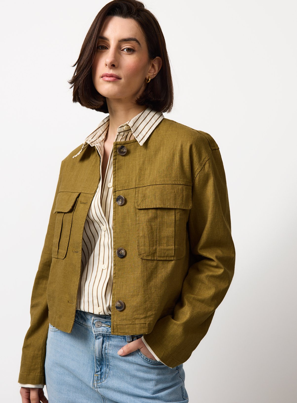 Khaki Cropped Linen Shacket 16