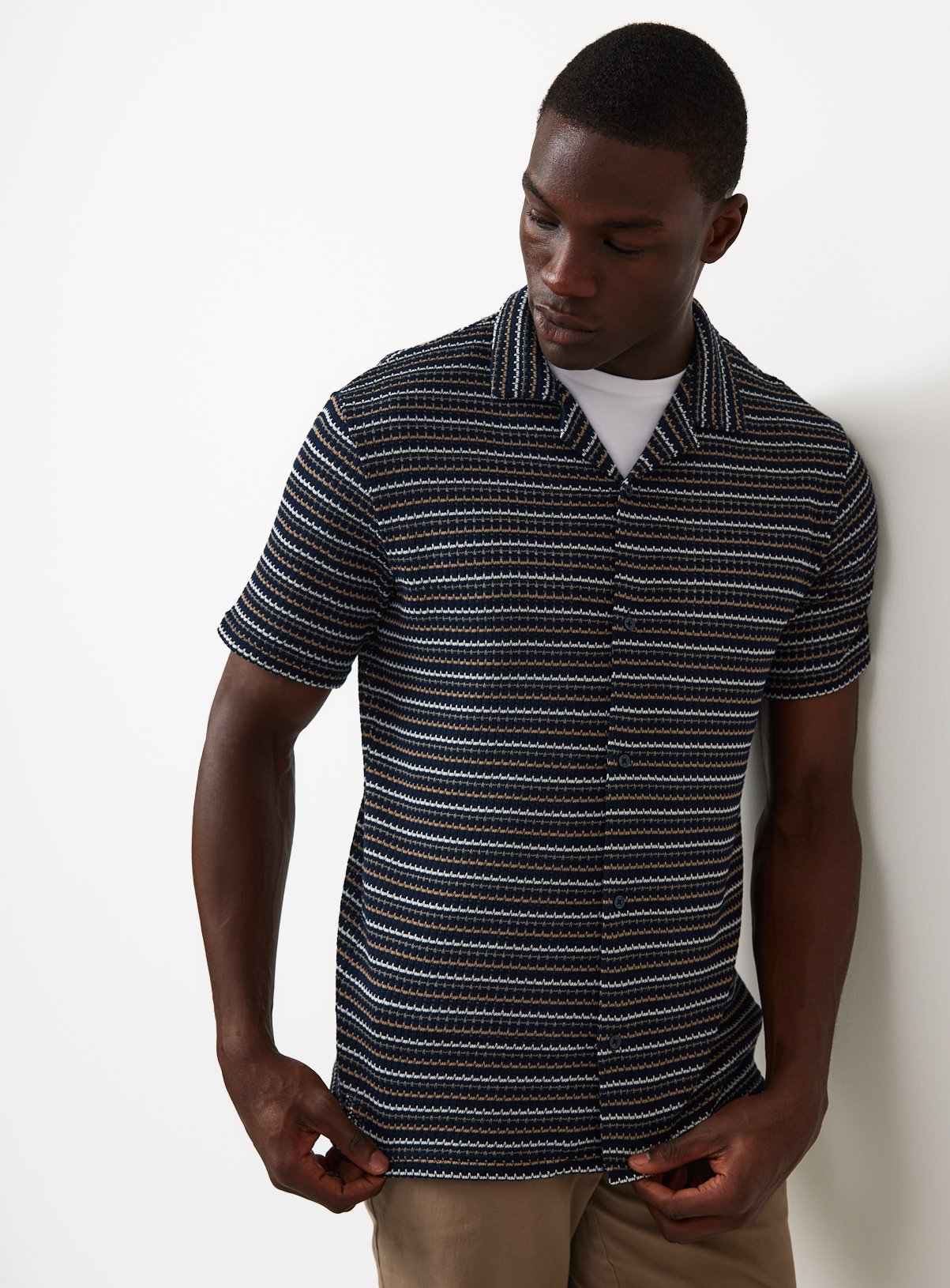 Navy Stripe Textured Jersey Short Sleeve Shirt XXXL