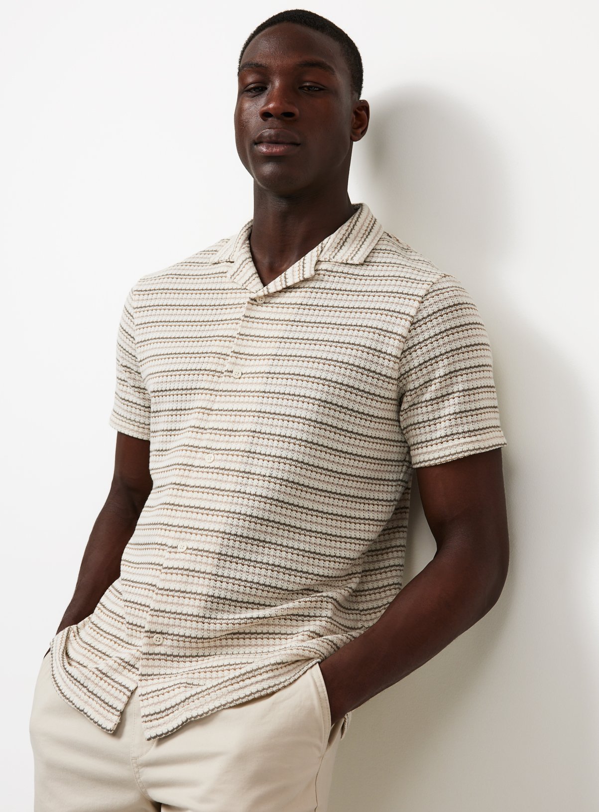Cream Stripe Textured Jersey Short Sleeve Shirt XXXXL