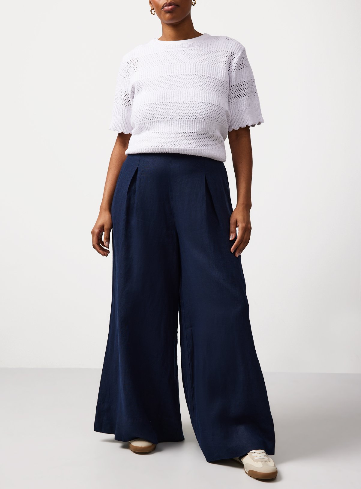 Navy Pure Linen Palazzo Trousers 14S