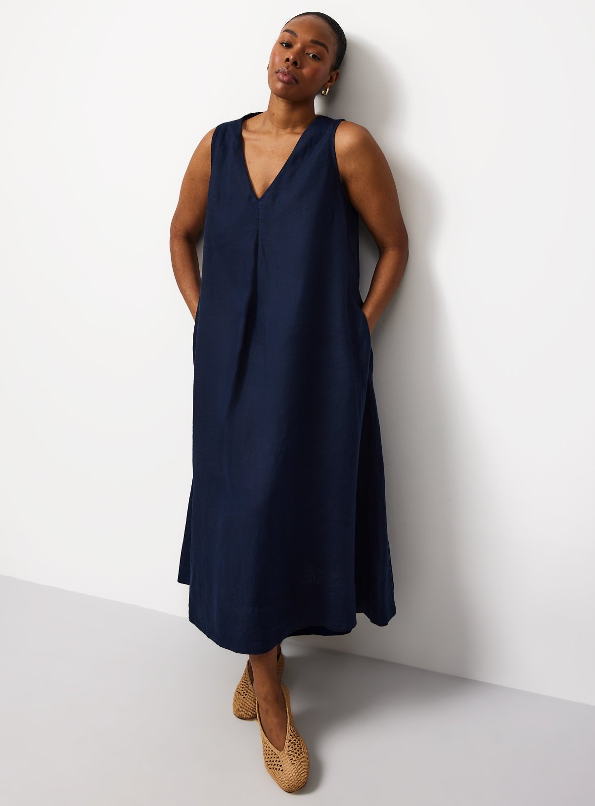 Navy Linen V Neck Midi Shift Dress 24