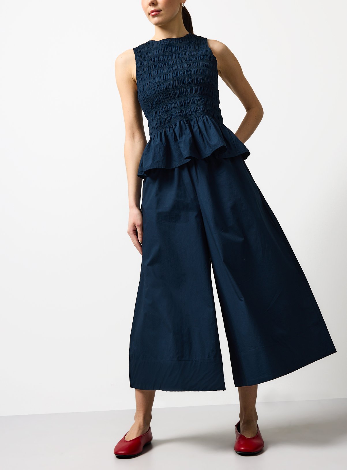 Navy Wide Leg Poplin Palazzo Trousers 8