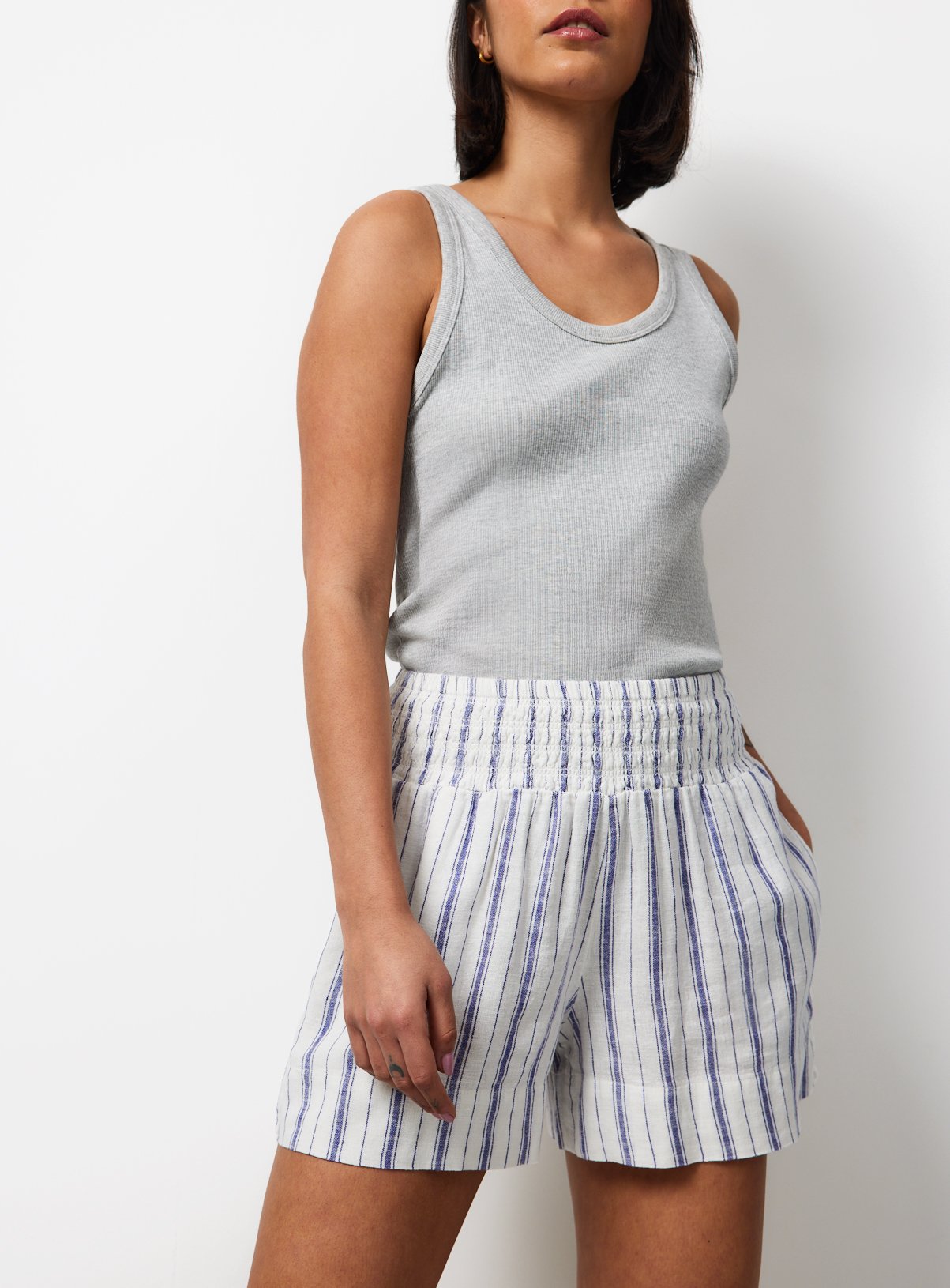 White Stripe Linen Blend Shorts 