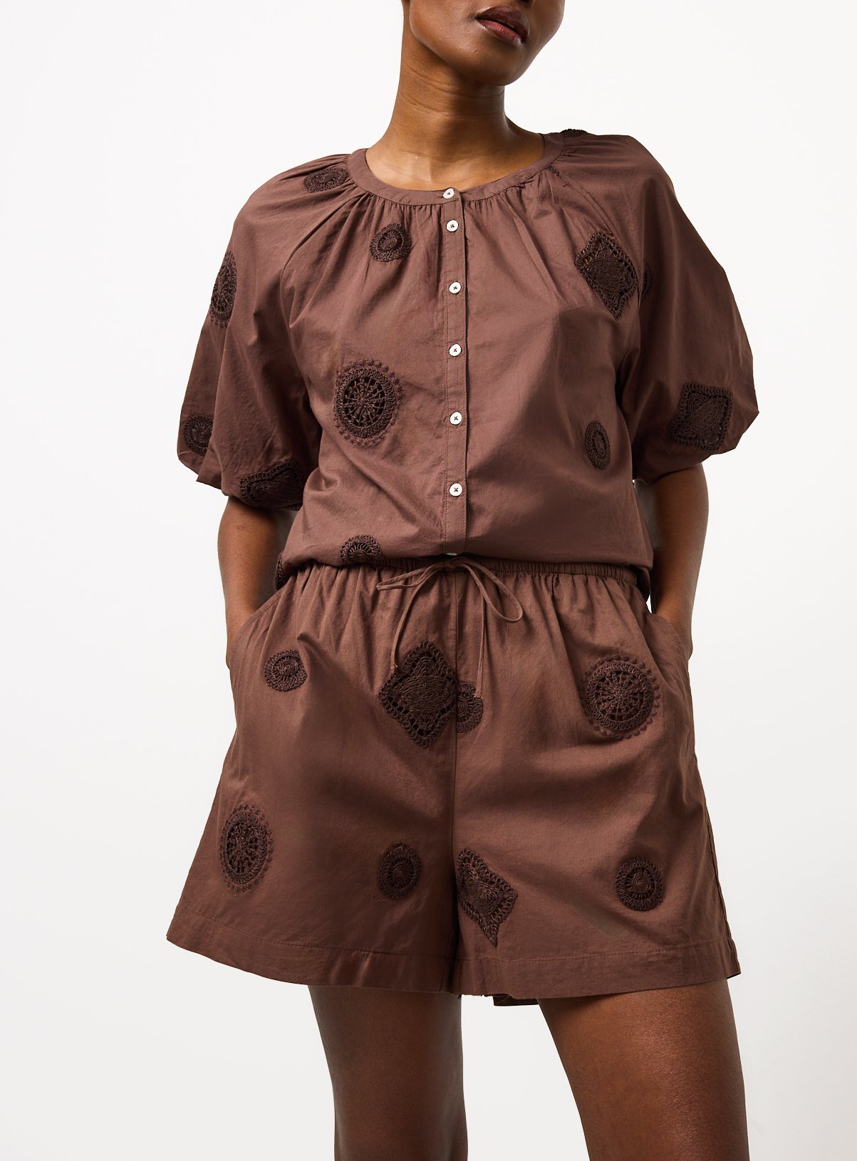 Brown Crochet Patch Detail Shorts 14