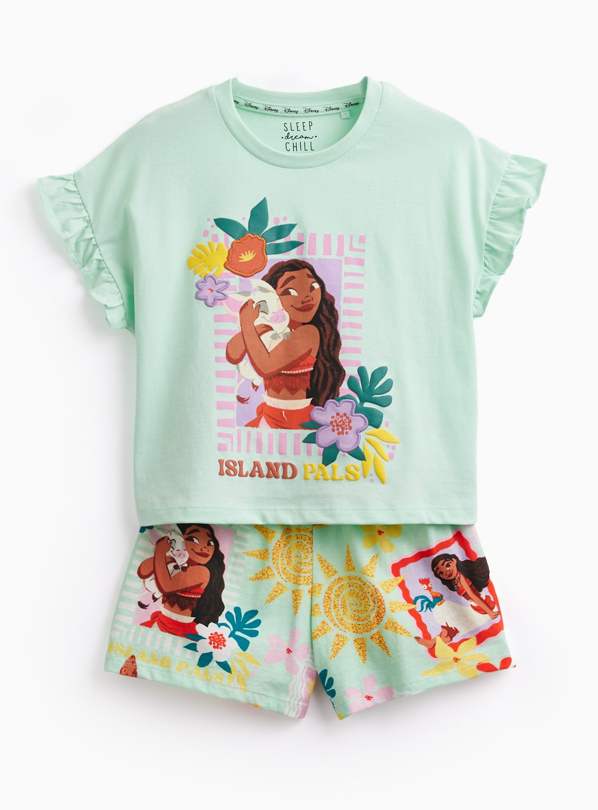 Green Disney Moana Print Frill Sleeve Shortie Pyjamas 