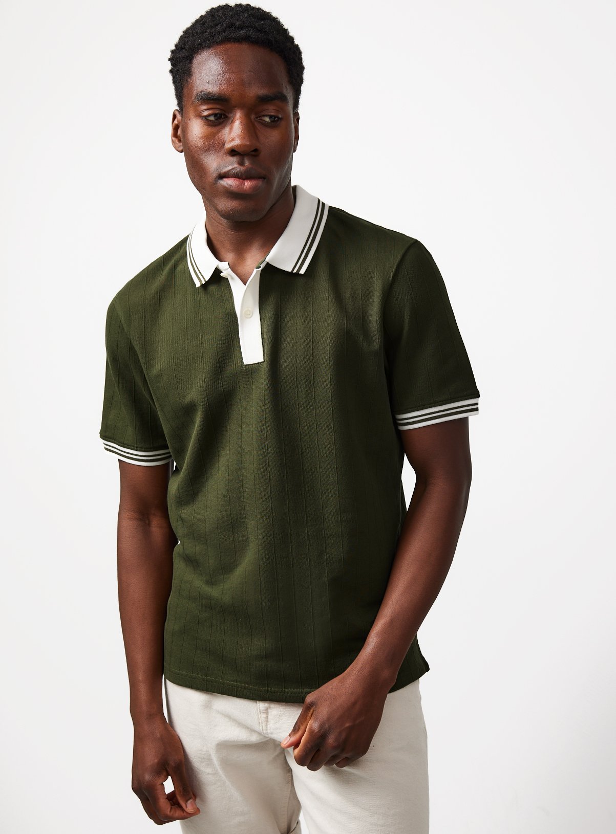 Green Textured White Tipped Polo Shirt XXXL