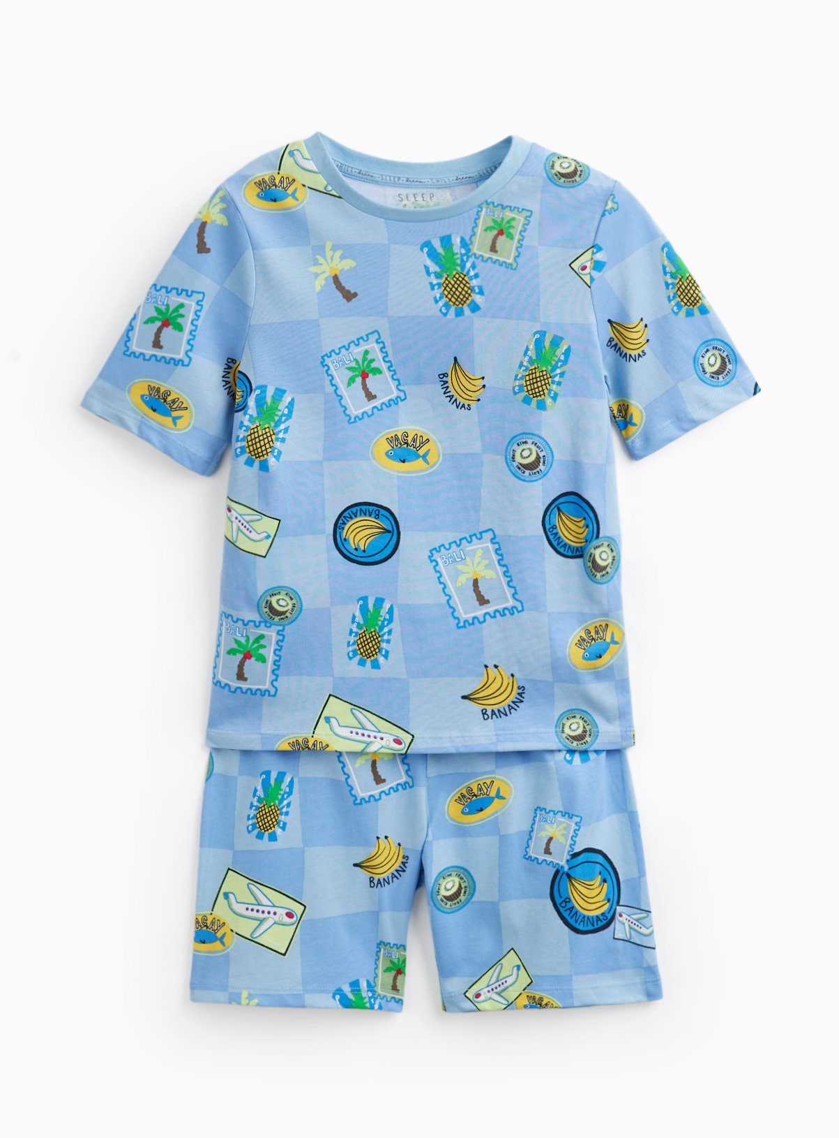 Blue Holiday Postcards Print Shortie Pyjamas 