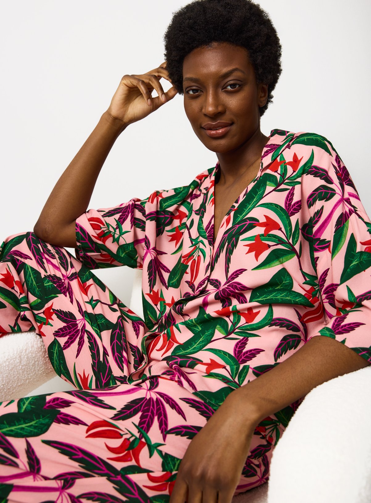 Pink Floral Print Cropped Style Traditional Pyjamas M