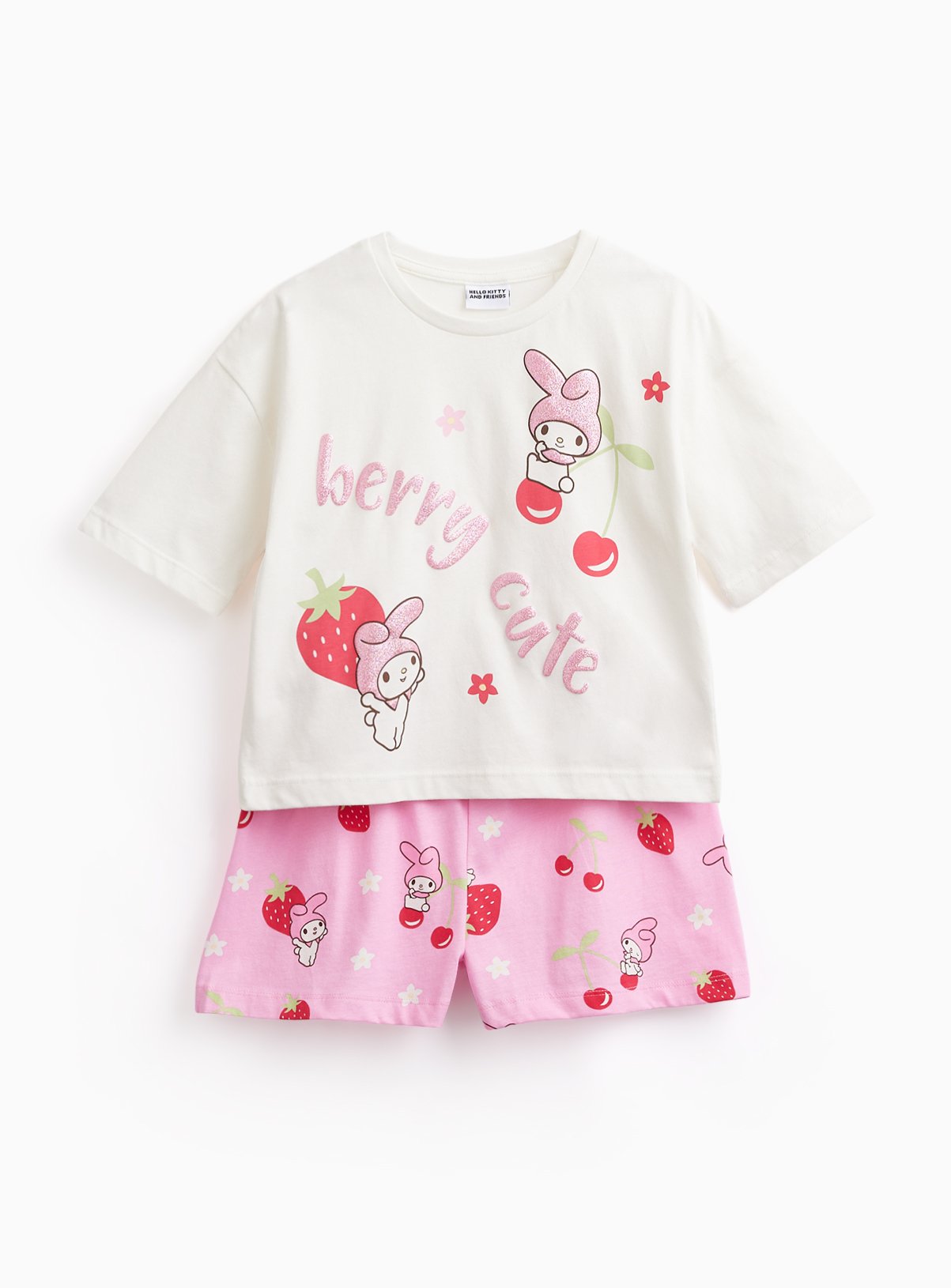 White & Pink Hello Kitty Print Shortie Pyjamas 