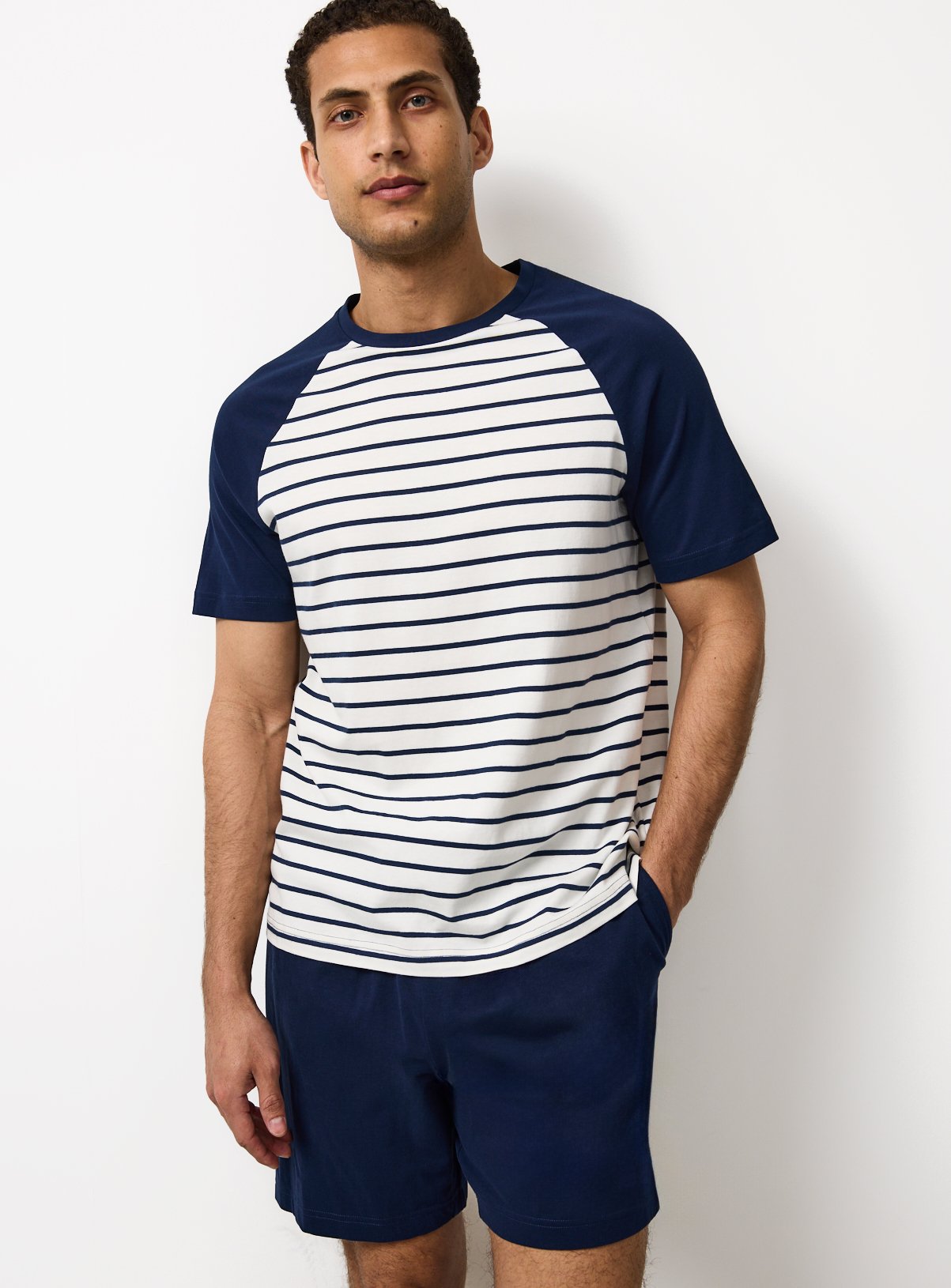 Navy Stripe Raglan Style Jersey Shortie Pyjamas