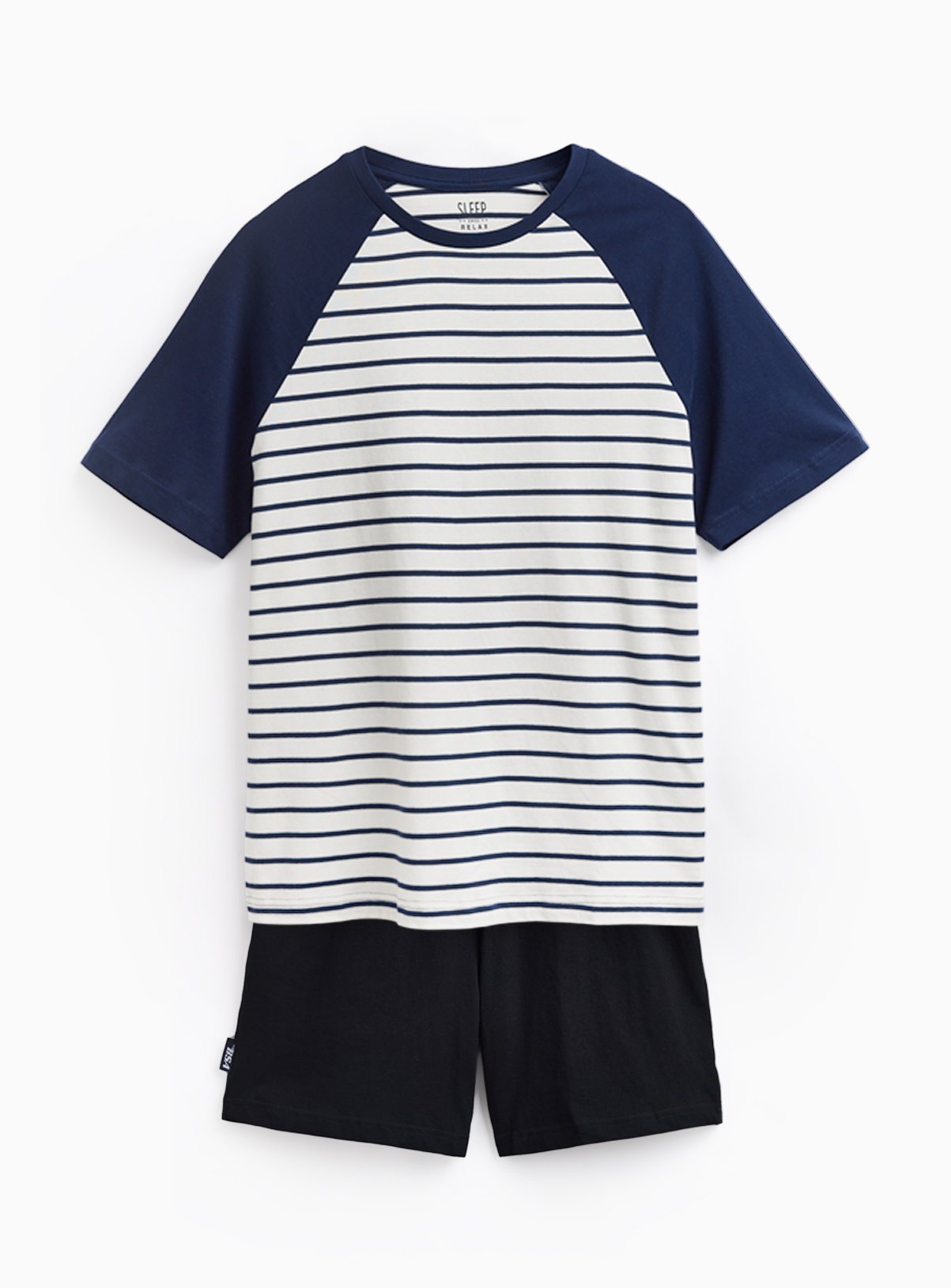 Navy Stripe Raglan Style Jersey Shortie Pyjamas 