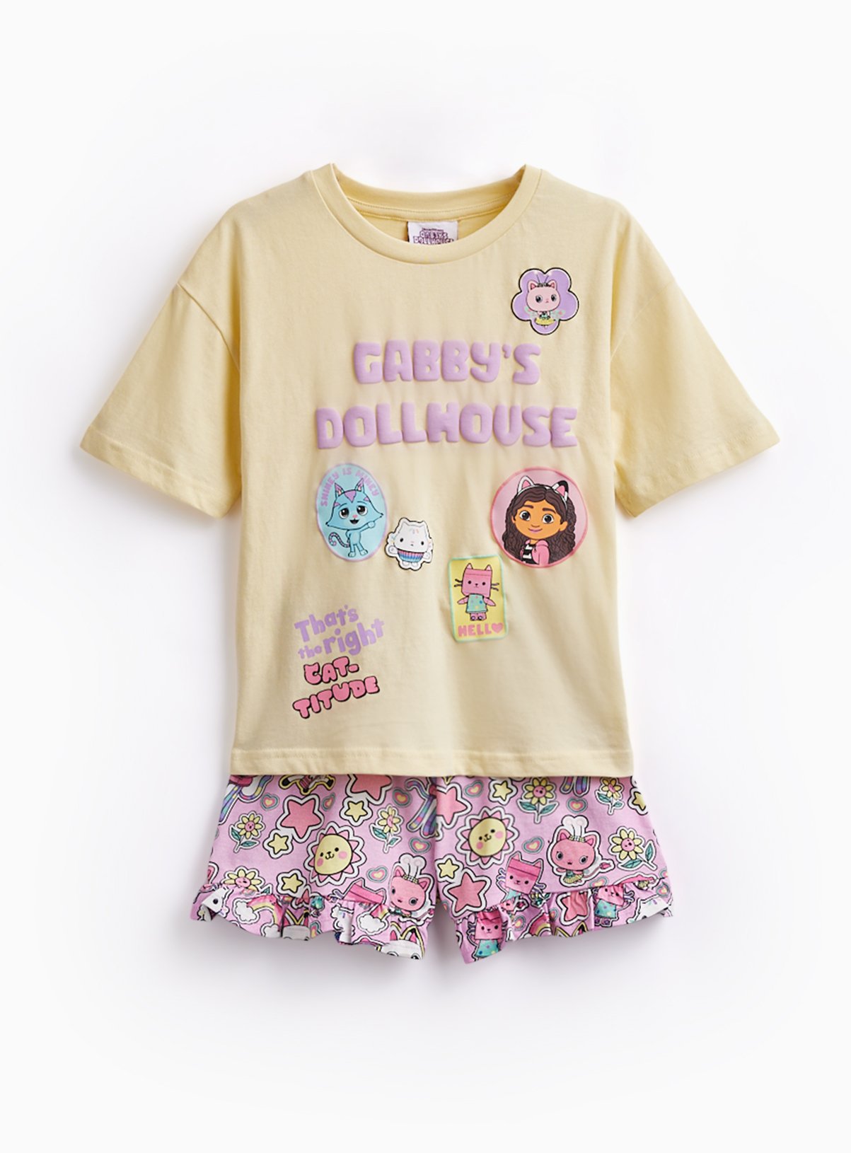 Yellow Gabby's Dollhouse Print Shortie Pyjamas. 