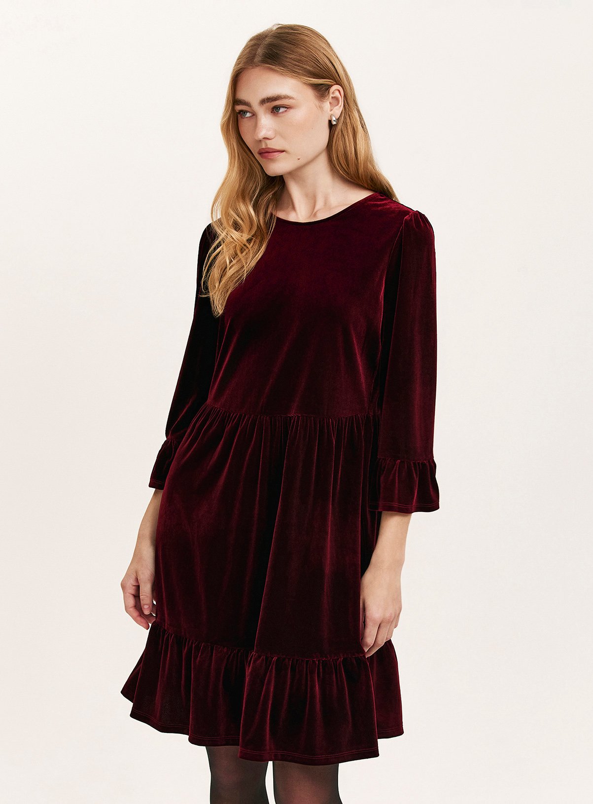 FINERY Camie Velvet Mini Dress Burgundy