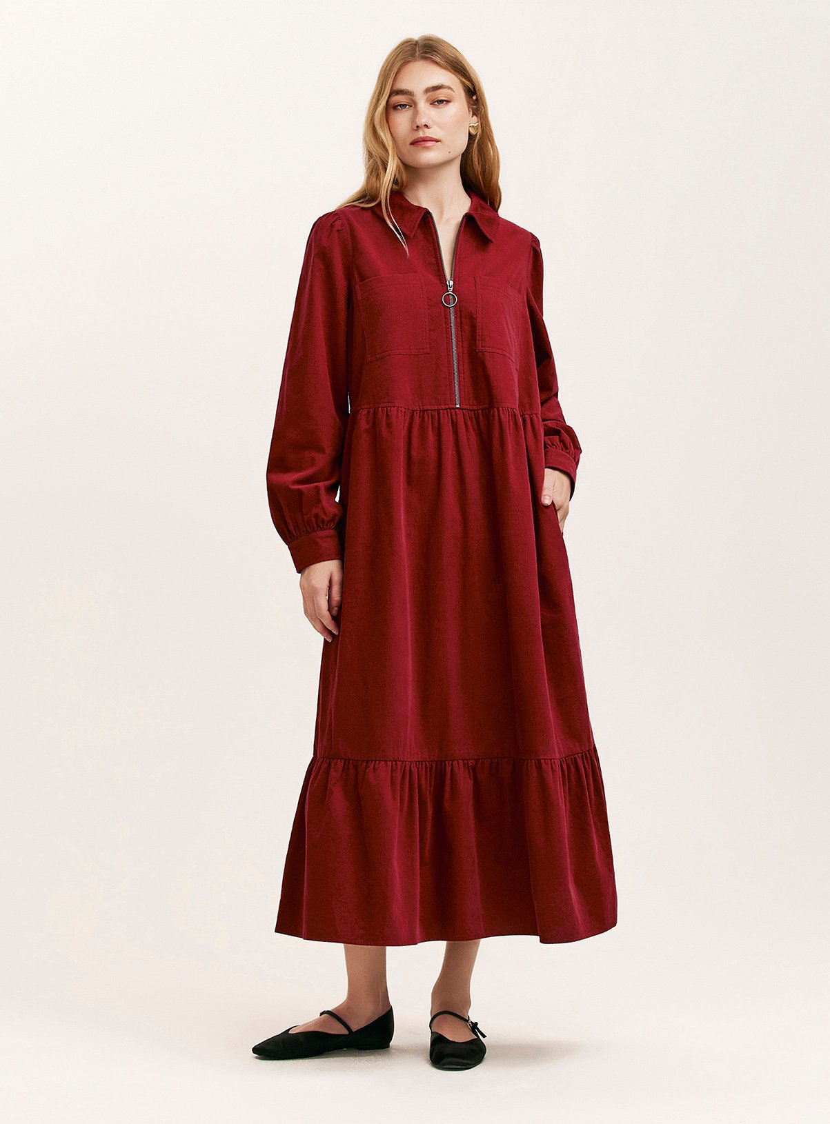 FINERY Callie Corduroy Midi Dress Rust 16