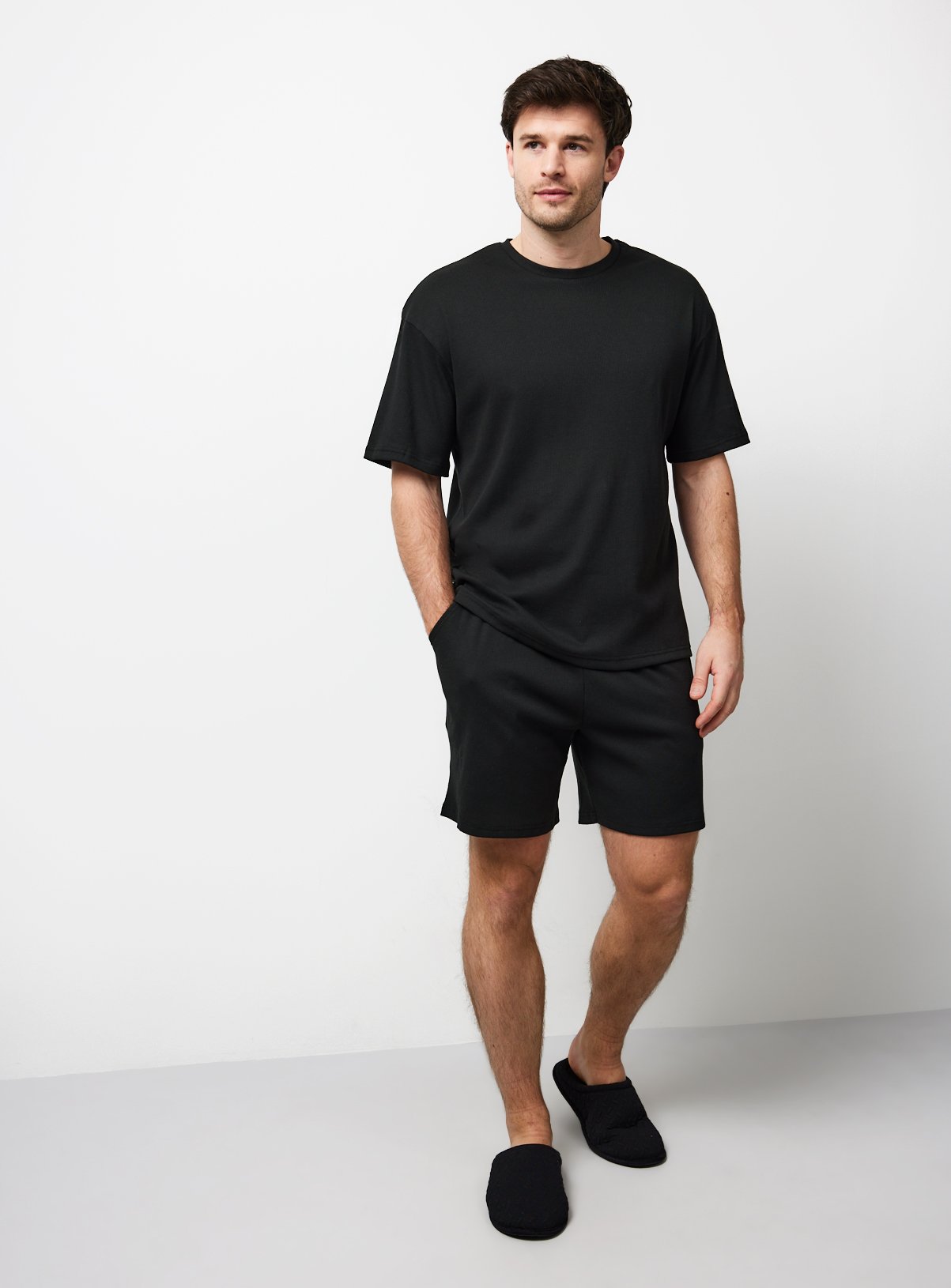 Black Ribbed Jersey Shortie Pyjamas S