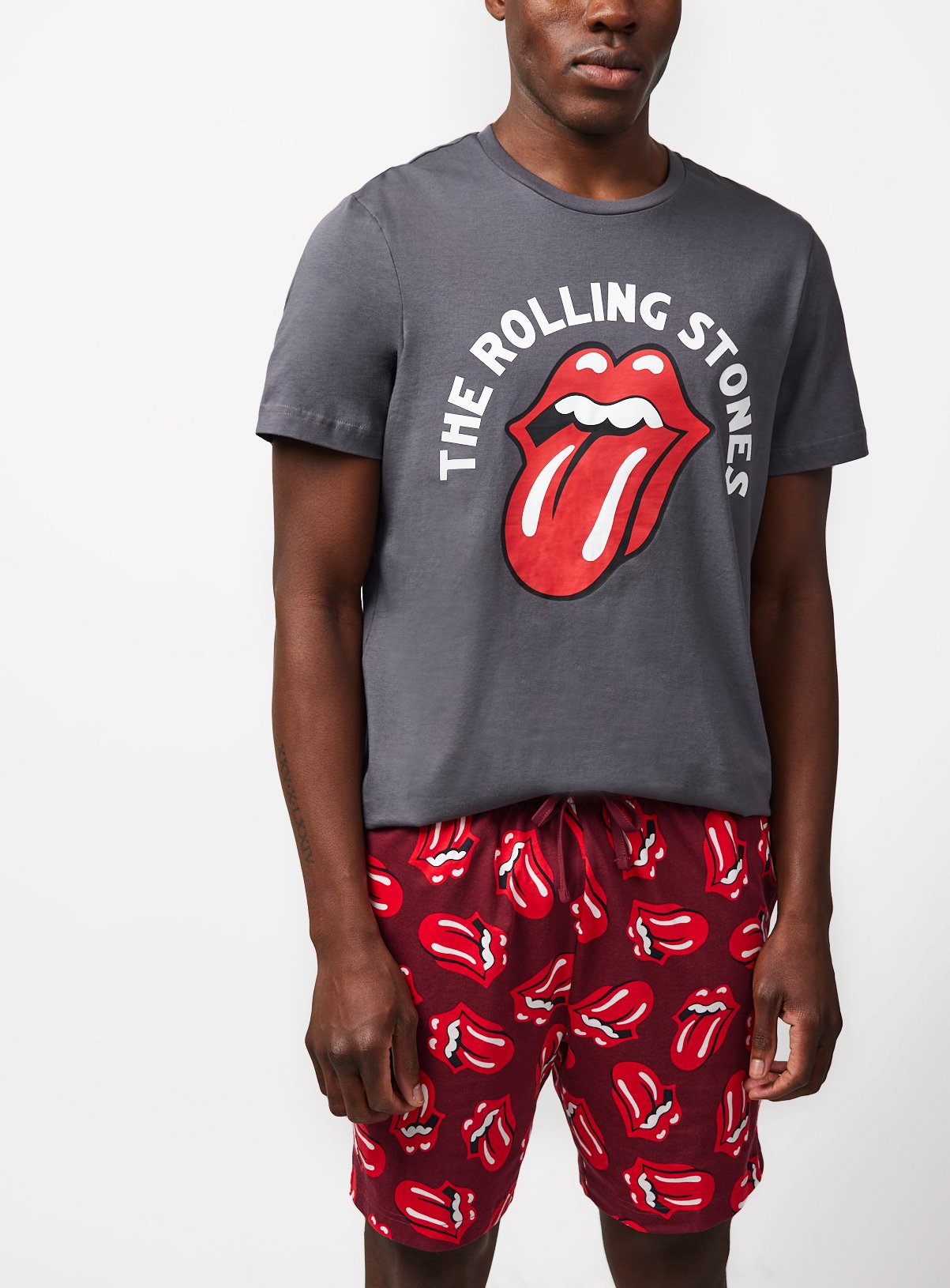 Grey & Red Rolling Stone Print Shortie Pyjamas. XL