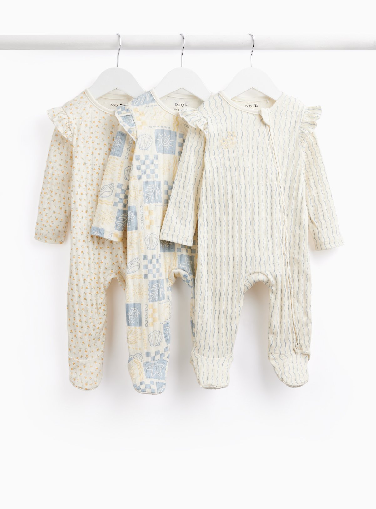 Shell & Floral Prints Sleepsuits 3 Pack 3-6 months