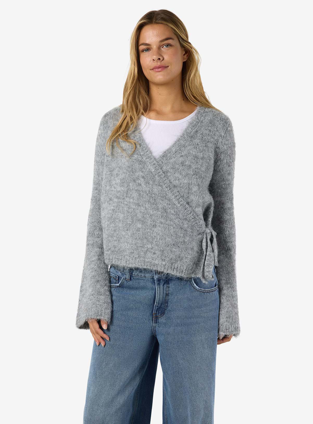 NOISY MAY Knitted Wrap Cardigan With Wool Grey 