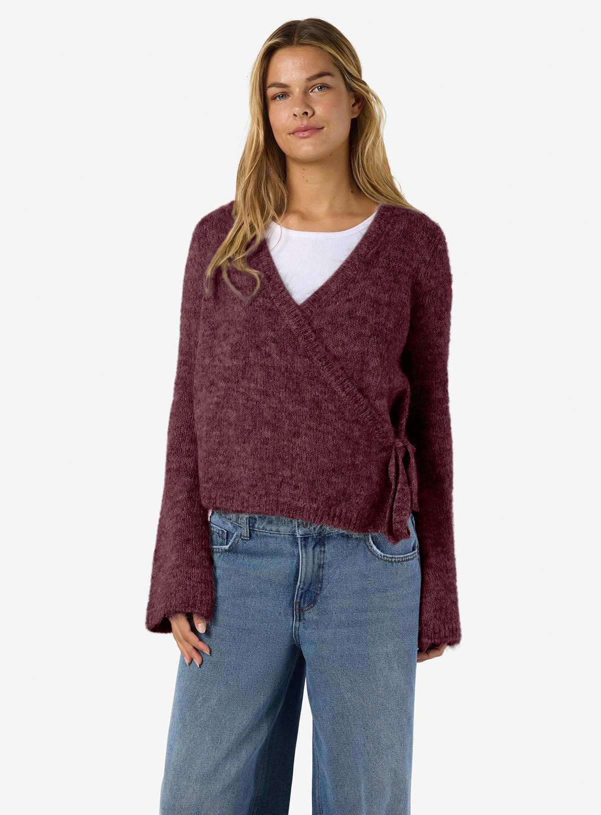NOISY MAY Knitted Wrap Cardigan With Wool Burgundy 