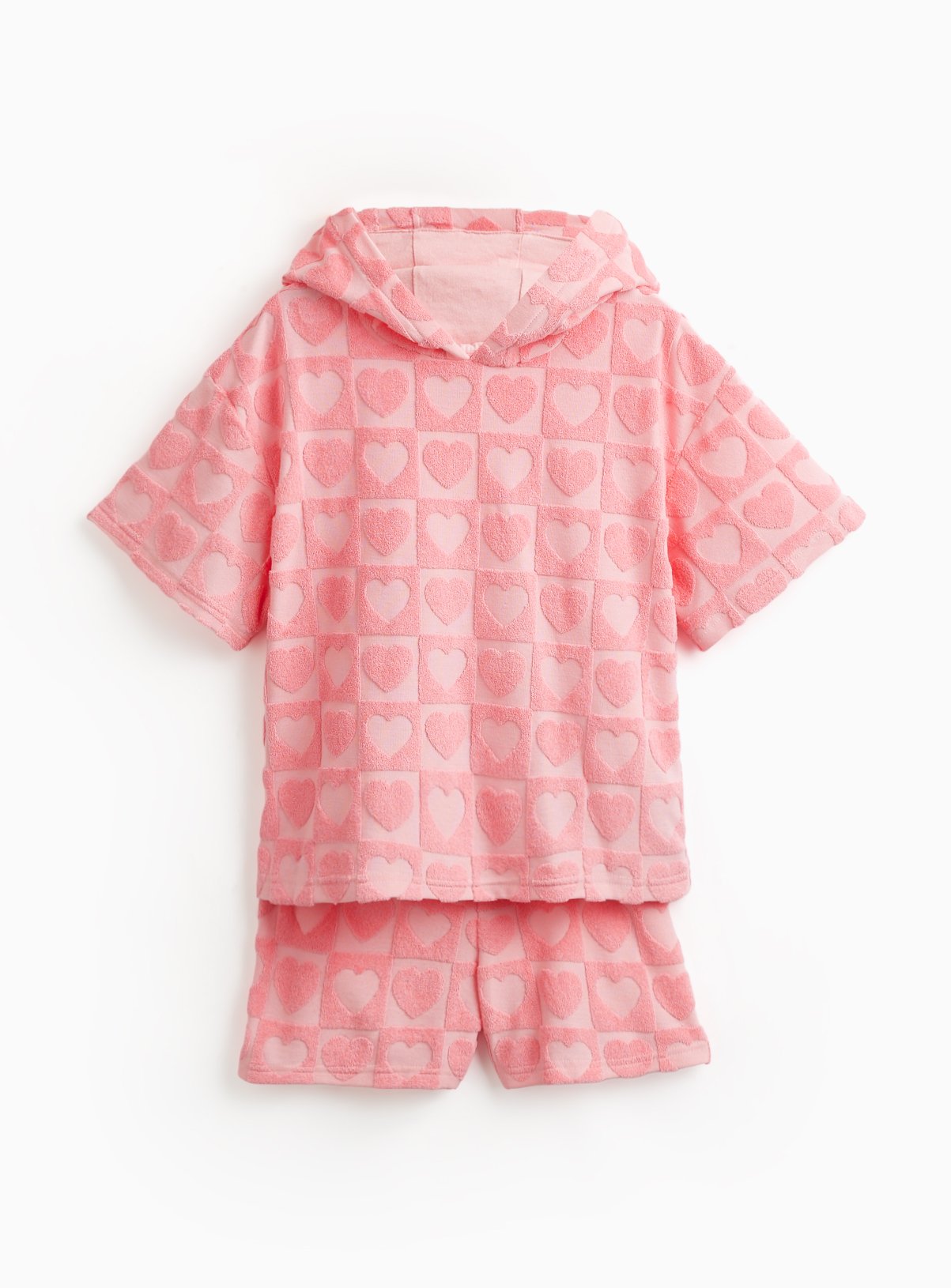 Pink Heart Print Poncho Hooded Towel & Shorts Set 