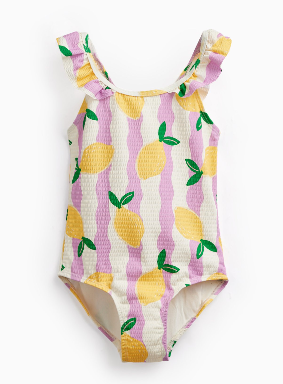 Purple Wavy Stripe Lemon Print Frill Swimsuit