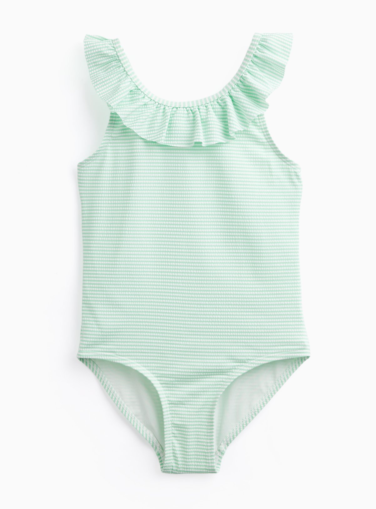 Green Stripe Frill Detail Scoop Neck Seersucker Swimsuit 