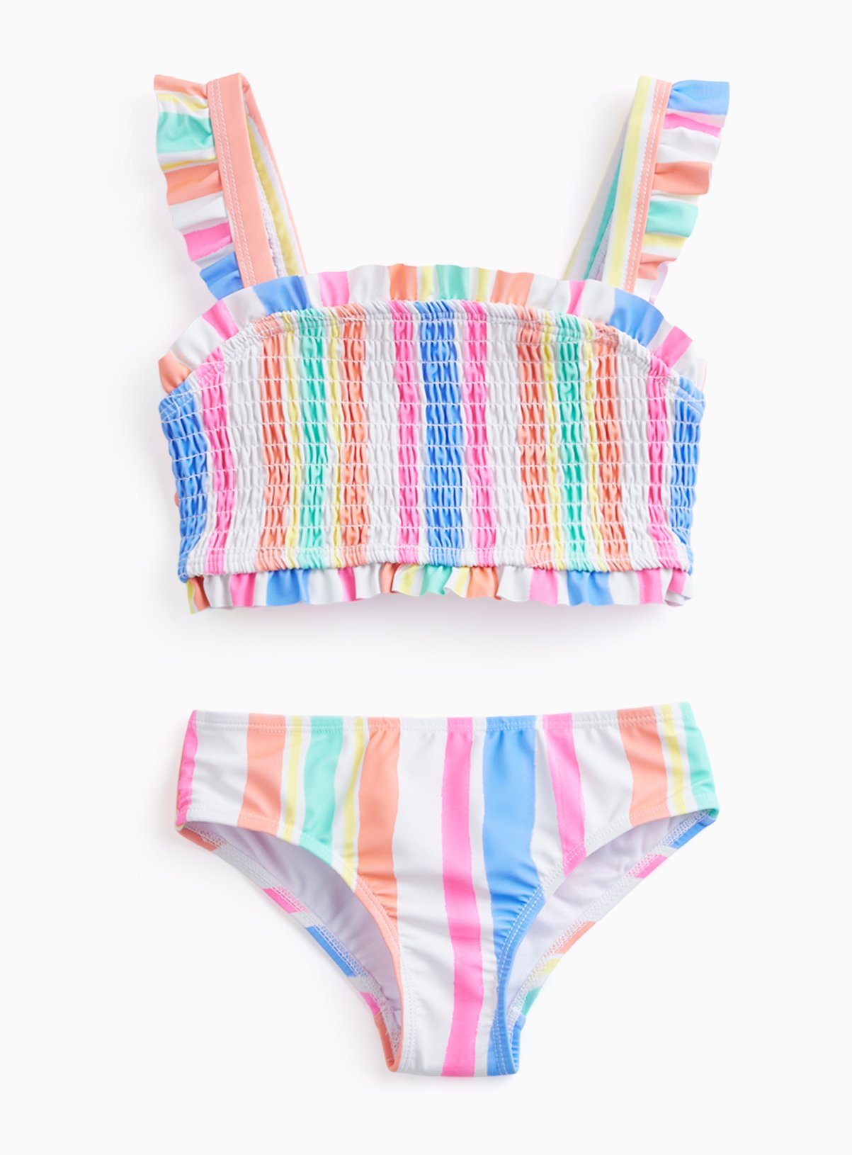 Stripe Print Frill Detail Shirred Bikini Set 