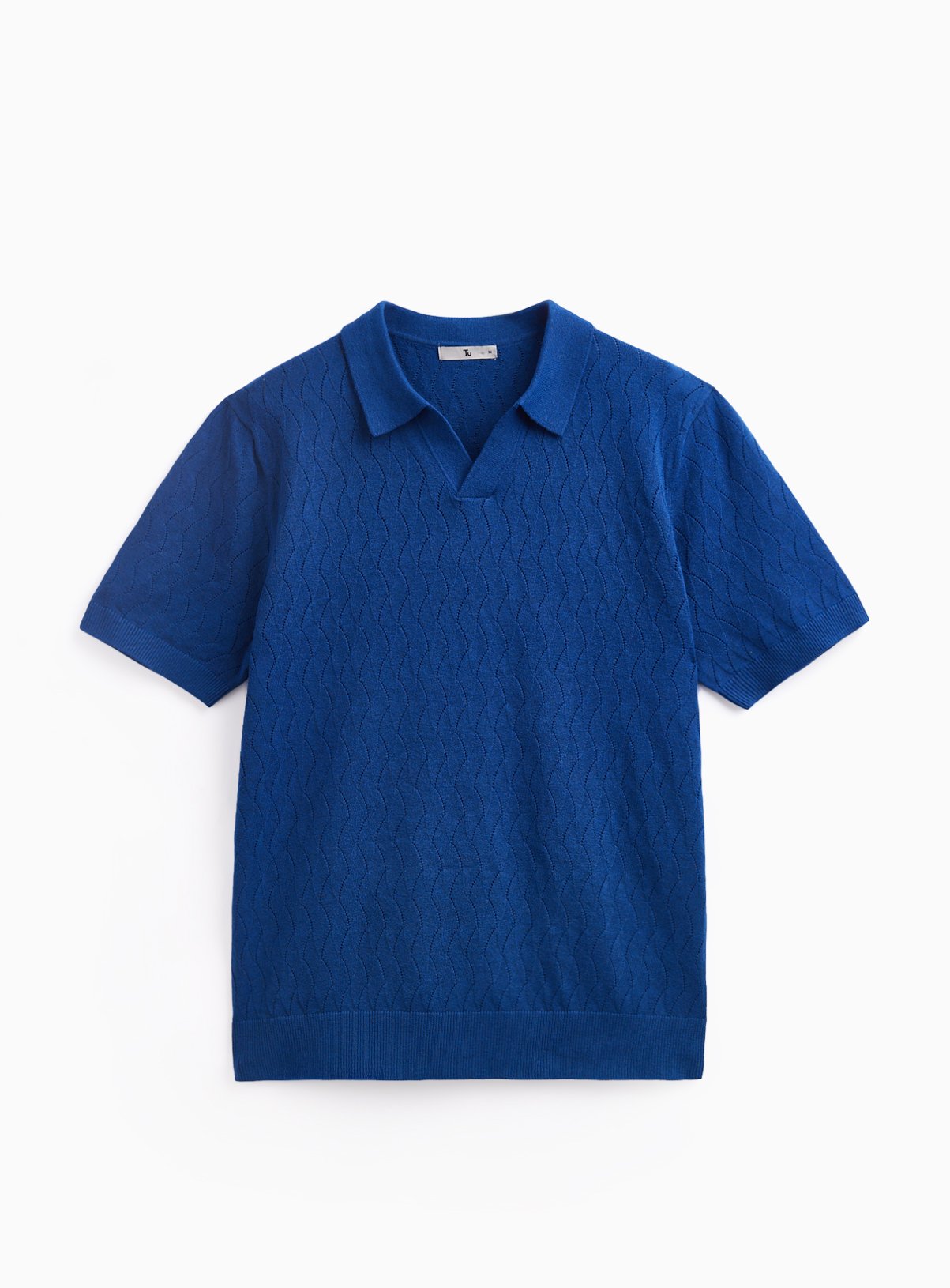 Blue Textured Pointelle Revere Neck Polo Shirt L