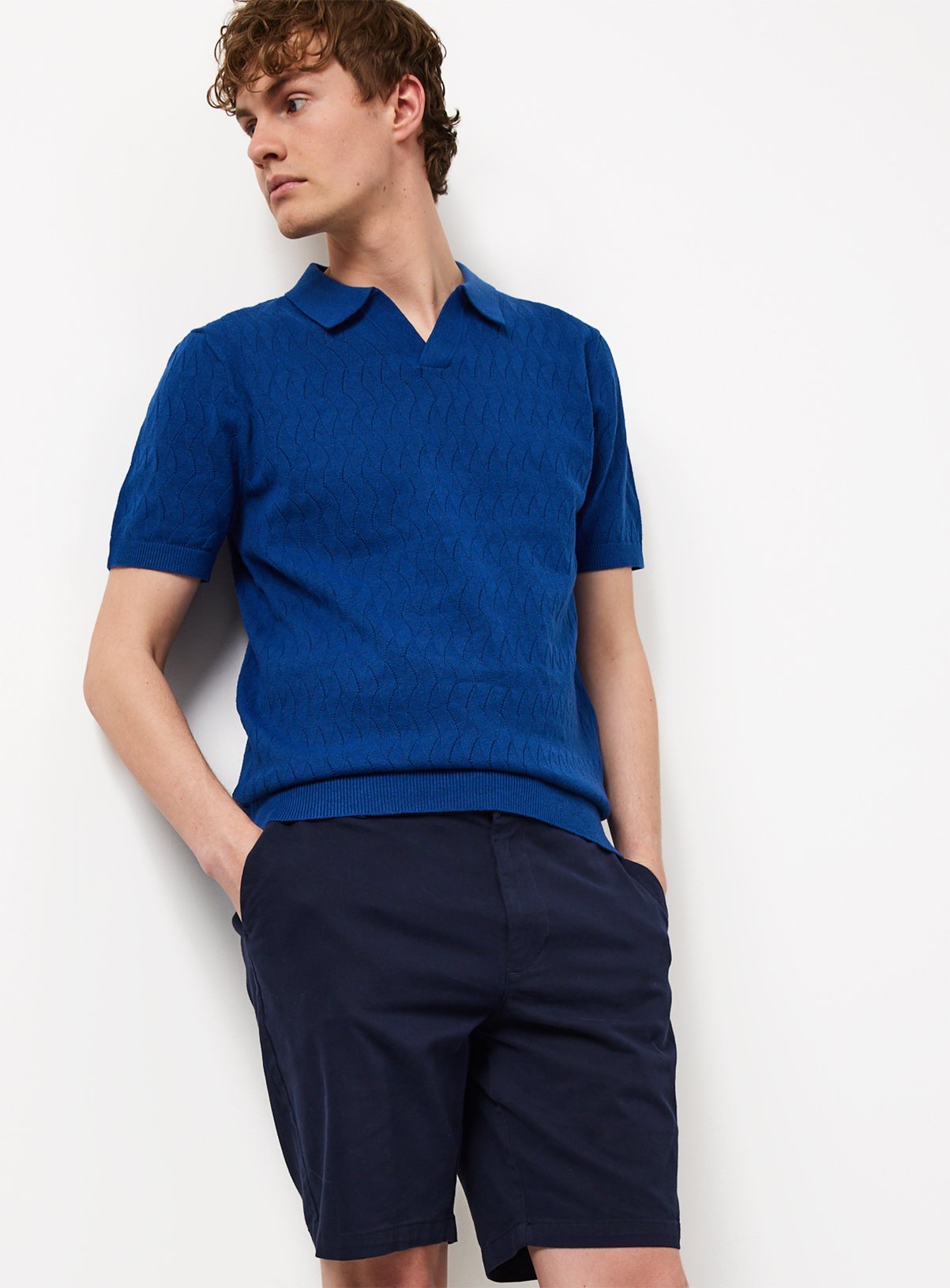 Blue Textured Pointelle Revere Neck Polo Shirt XXL