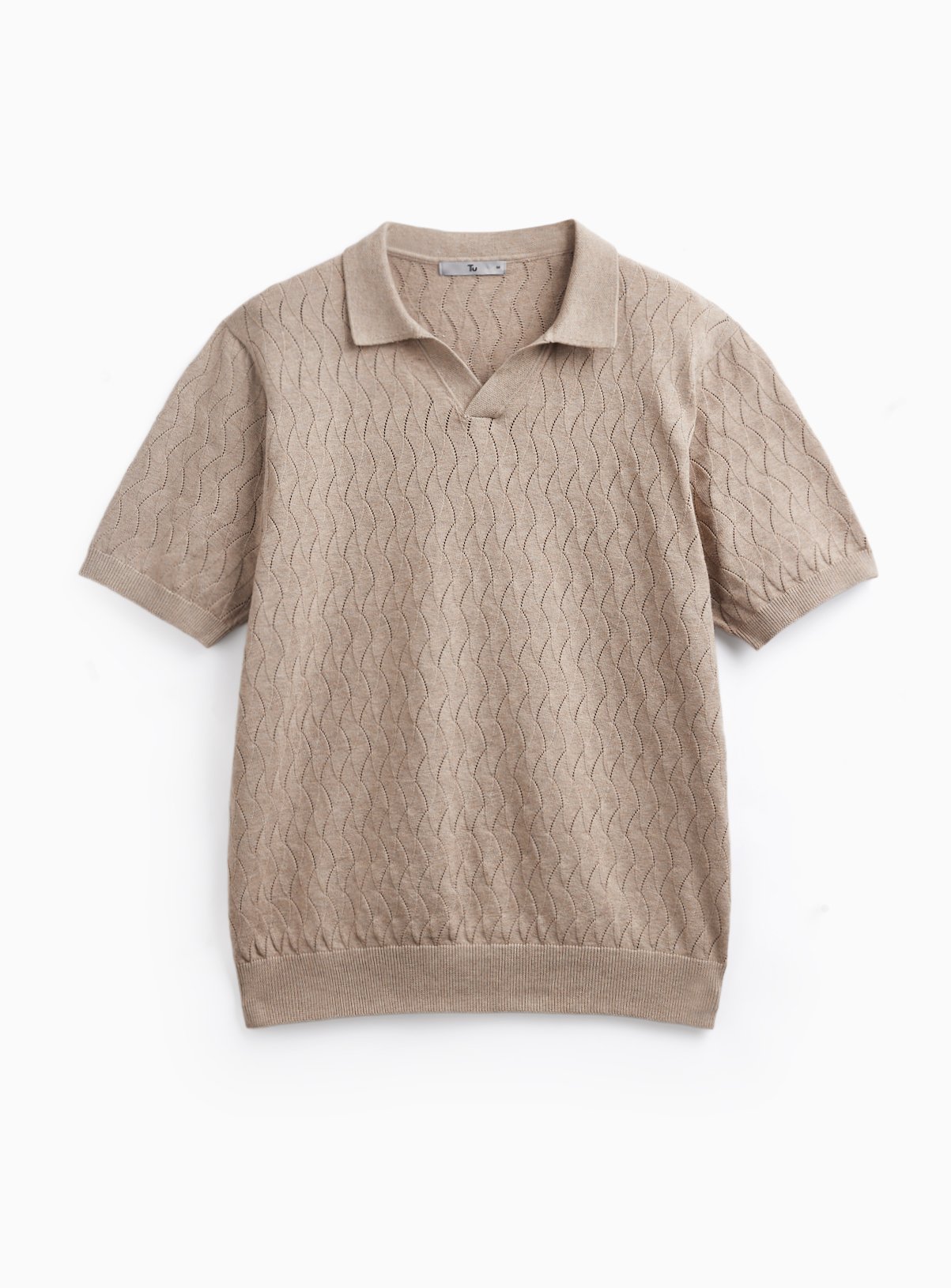 Stone Textured Pointelle Revere Neck Polo Shirt L