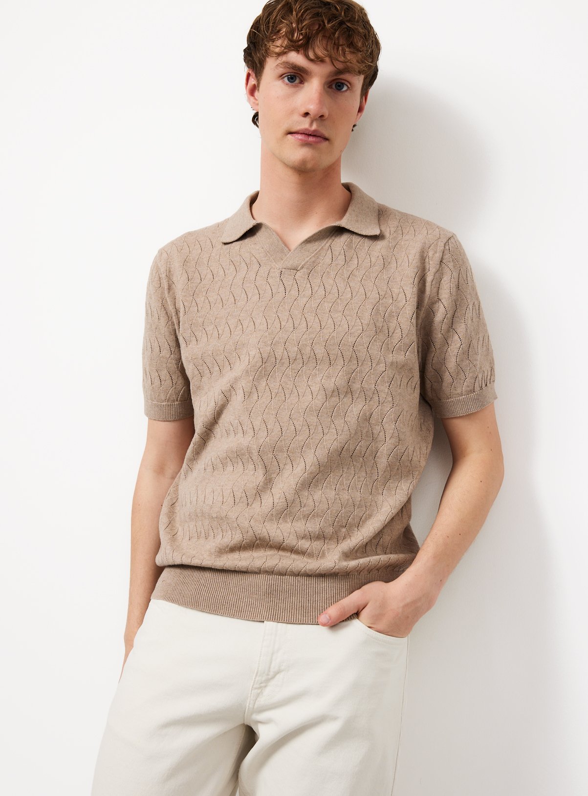 Stone Textured Pointelle Revere Neck Polo Shirt XXL