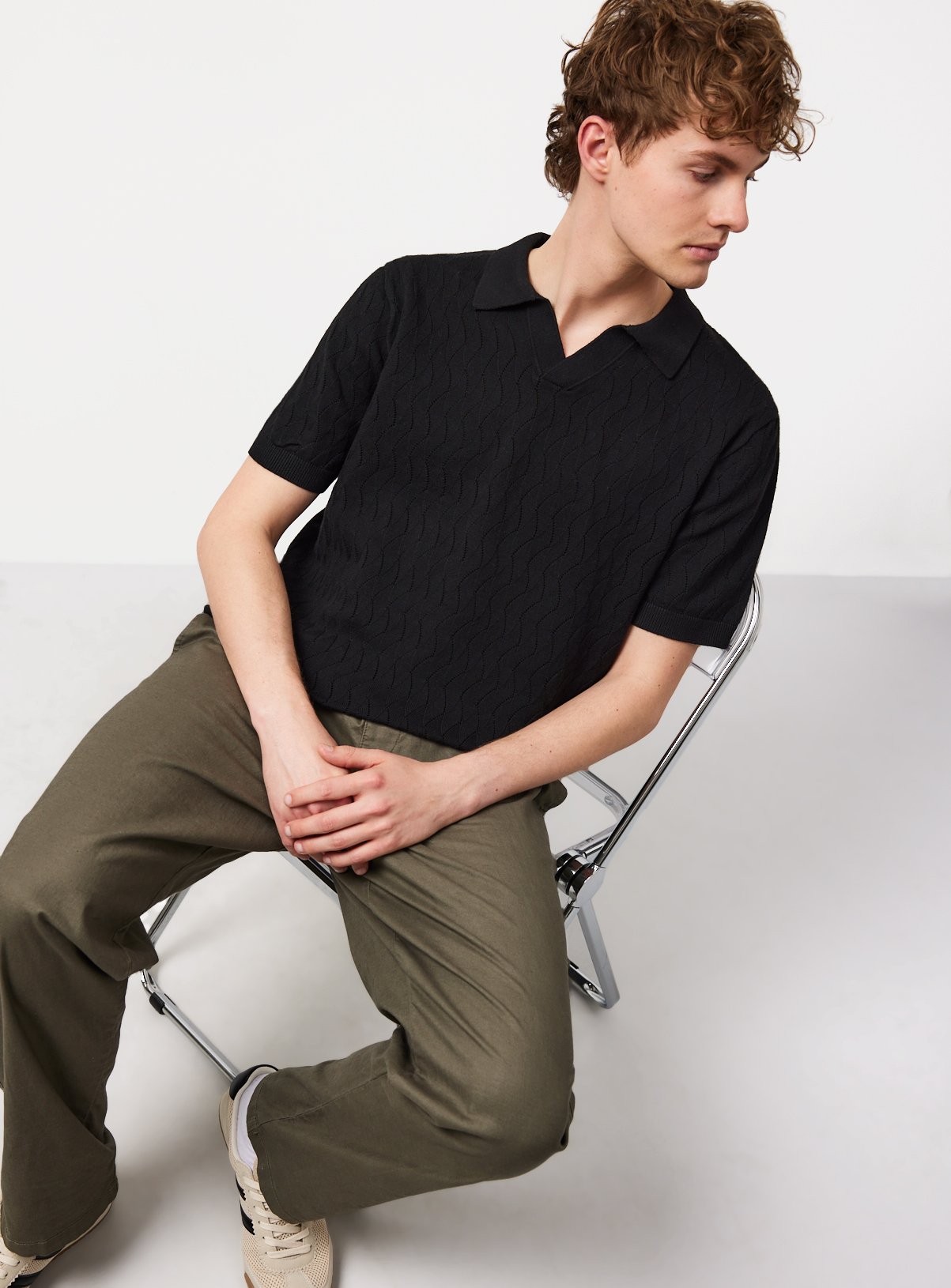 Textured Pointelle Revere Neck Polo Shirt 