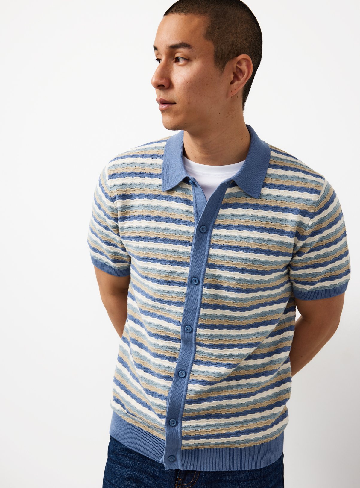 Navy Textured Wavy Stitch Button Through Polo XL