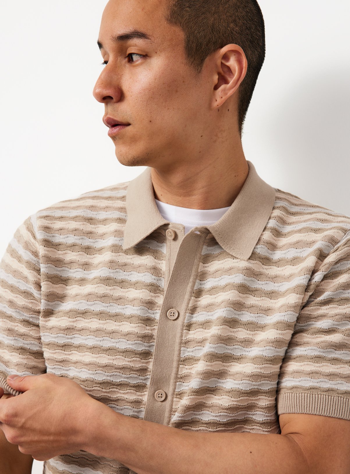 Textured Wavy Stitch Button Through Polo 