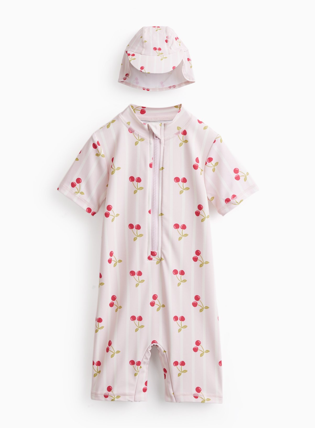 Pink Cherry Print Sun Suit & Keppie Hat Set 