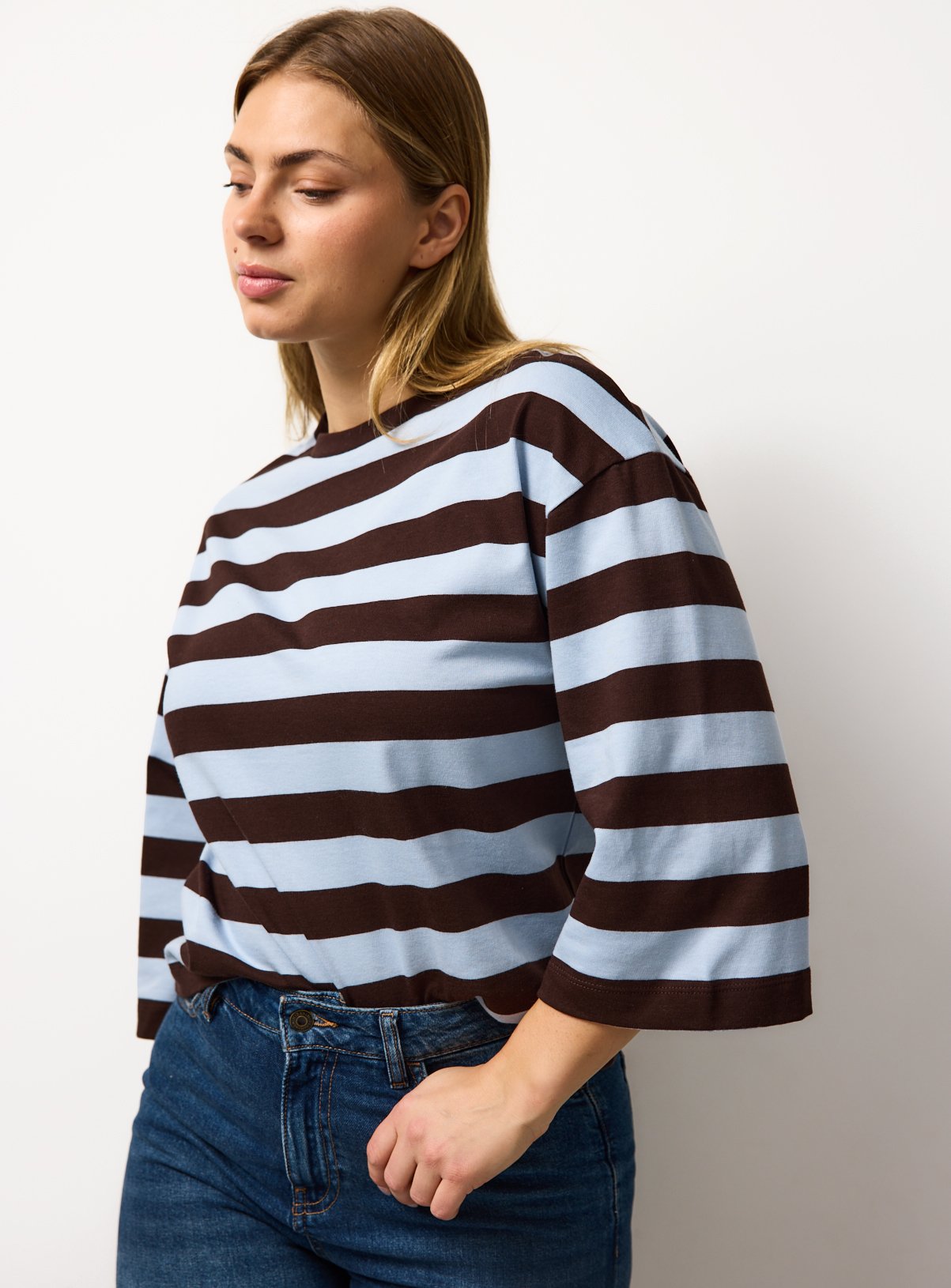Brown 3/4 Sleeve Striped T-Shirt XL