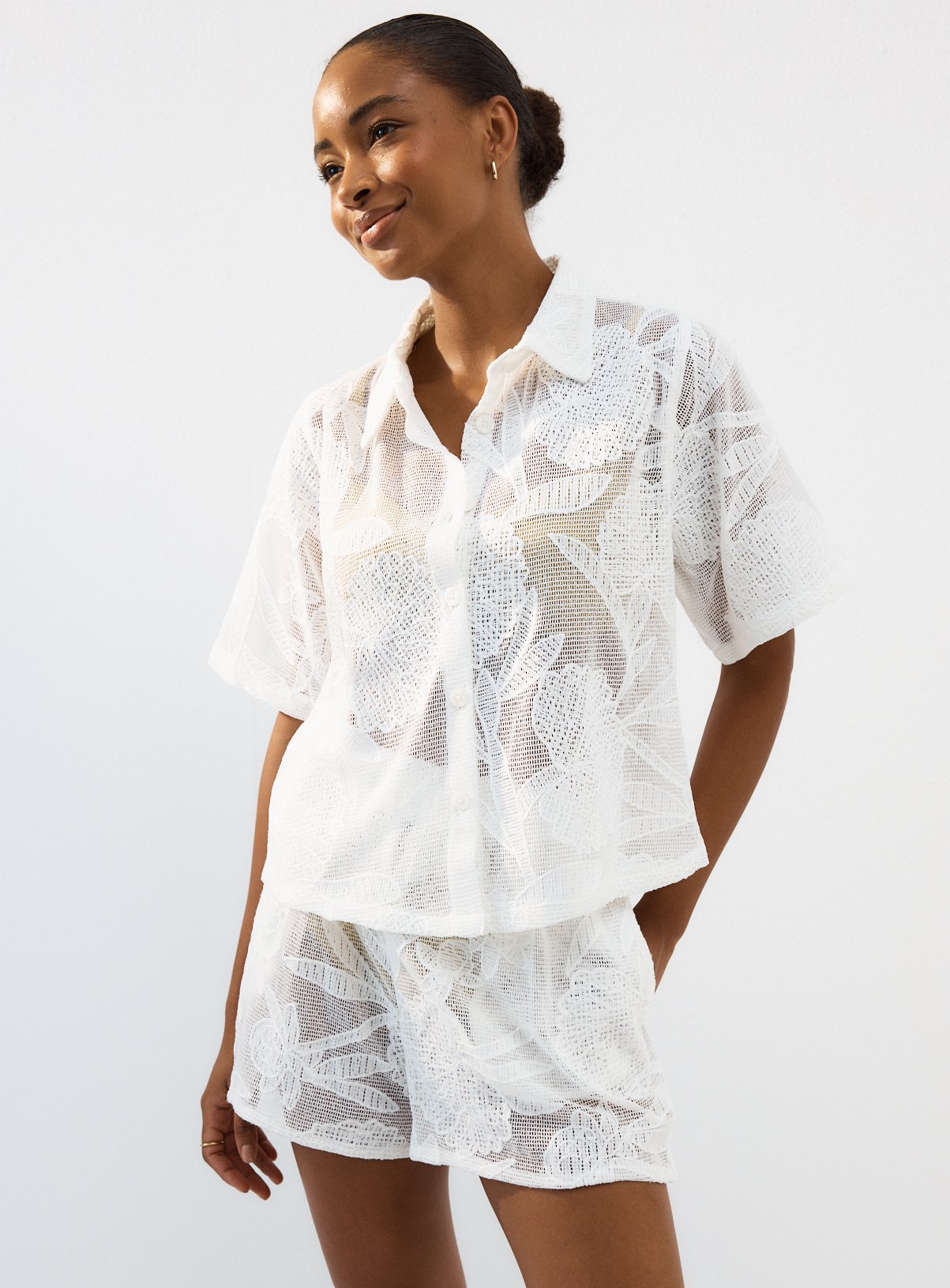 White Floral Embroidered Mesh Beach Co-ord Shirt 