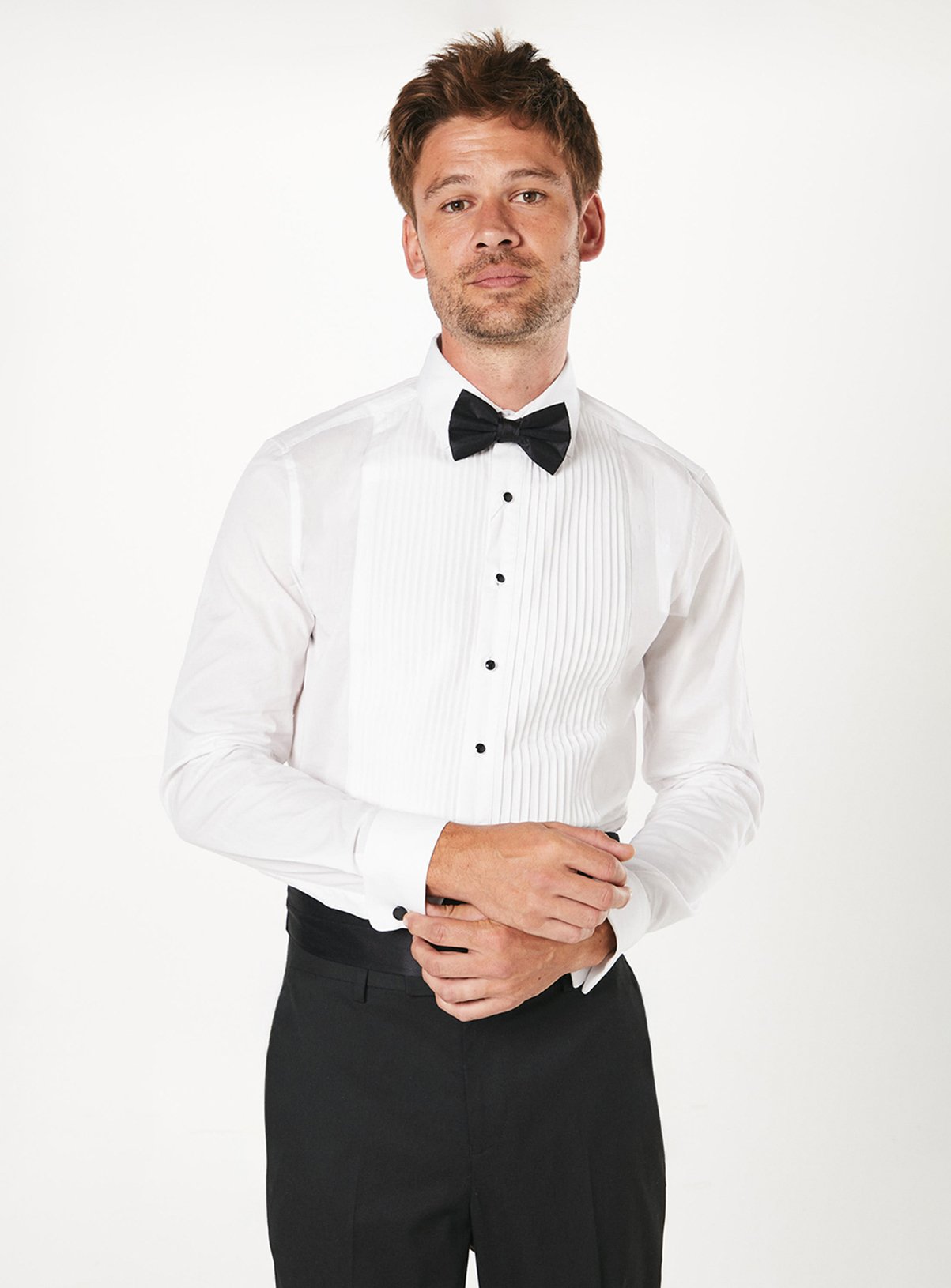 BURTON White Pleat Front Slim Fit Long Sleeve Dress Shirt 